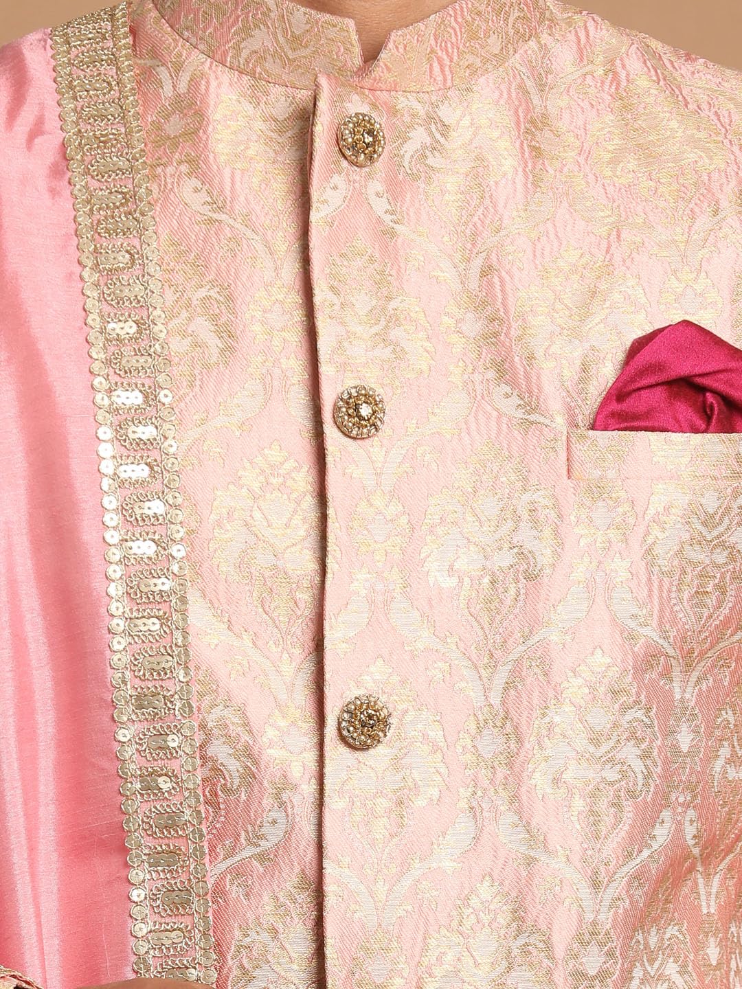 VASTRAMAY Men's Pink And Gold Silk Blend Sherwani Set - A Set Of Brocade Sherwani And Pyjama With Dupatta