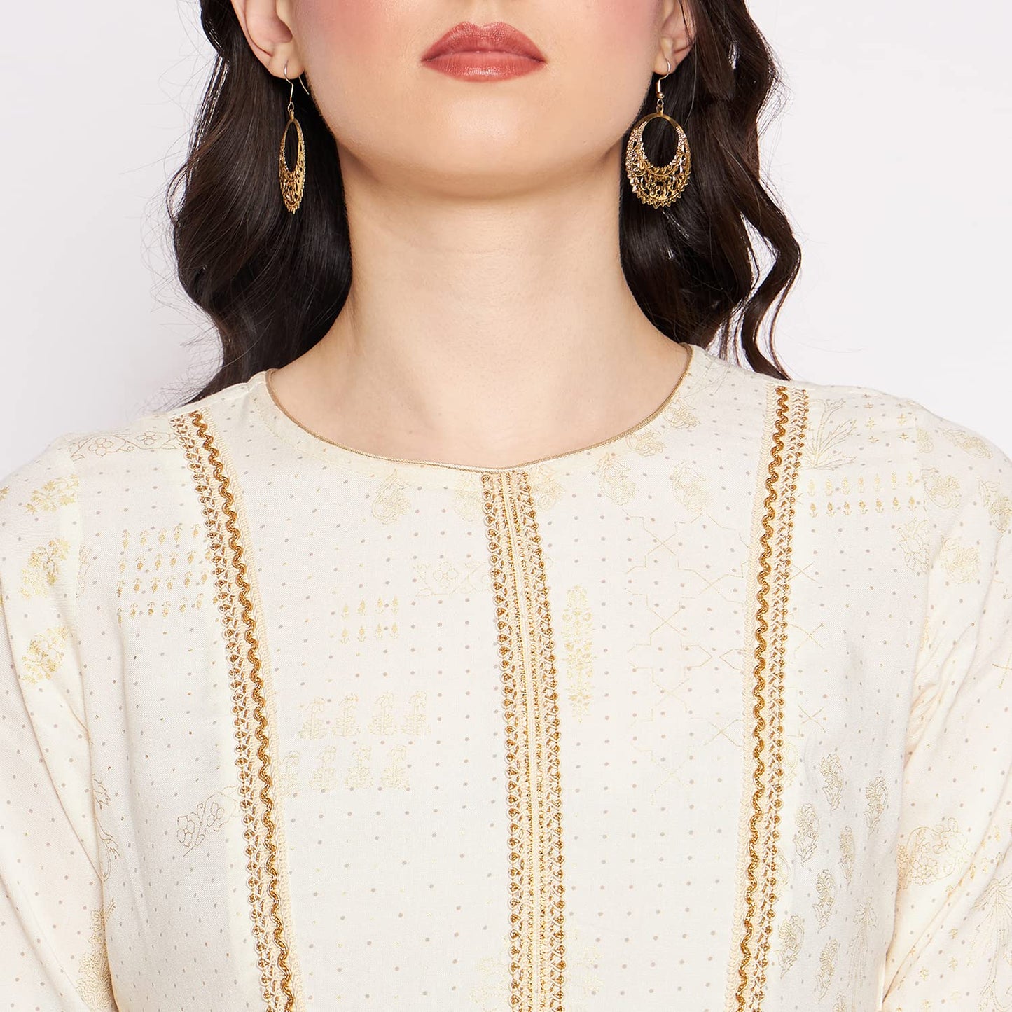 Rangavali Off White Foill Printed Cotton Frill Dress for Women | Stylish Kurti for Woman | A-Line Tiered Dress | Sundress | Maxi Dress | Short Dress | Wedding Party Ethnic Dress | Off White, 34 M