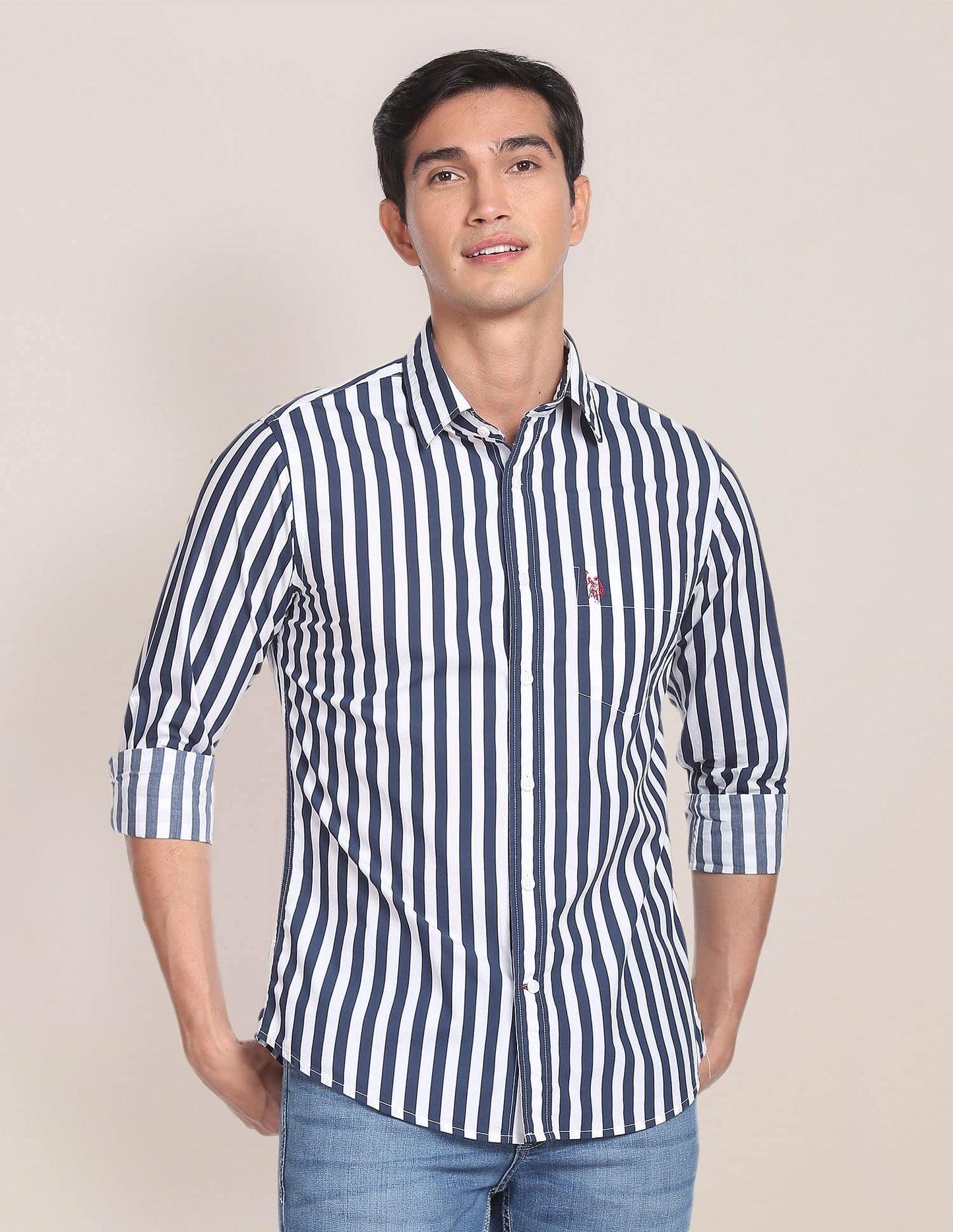 U.S. POLO ASSN. Mens Cotton Printed Stripe Fs Regular Fit Shirts (Usshtfx0072_Navy_Large)