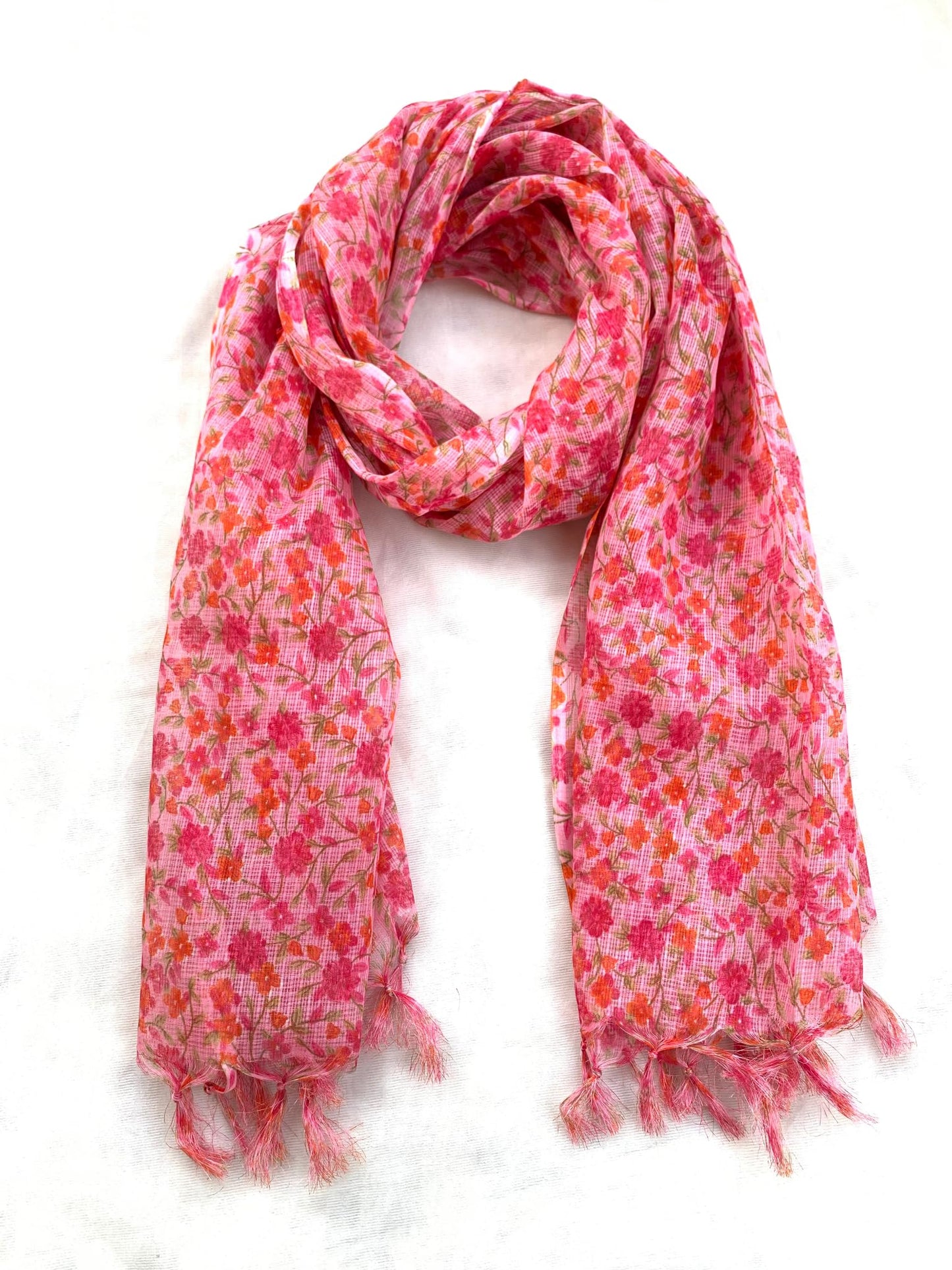 AKSHADEEP Rajasthani Women's Poly Winter Pink Floral Print Kota Doria Checkered Dupatta