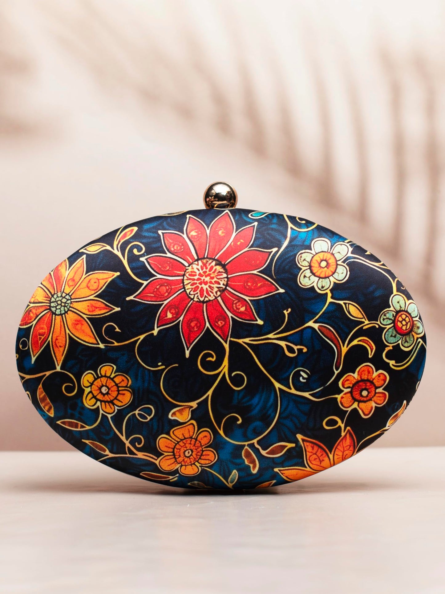 Artklim Blue Based Floral PrInted Oval Clutch Bag for Women with Detachable Strap