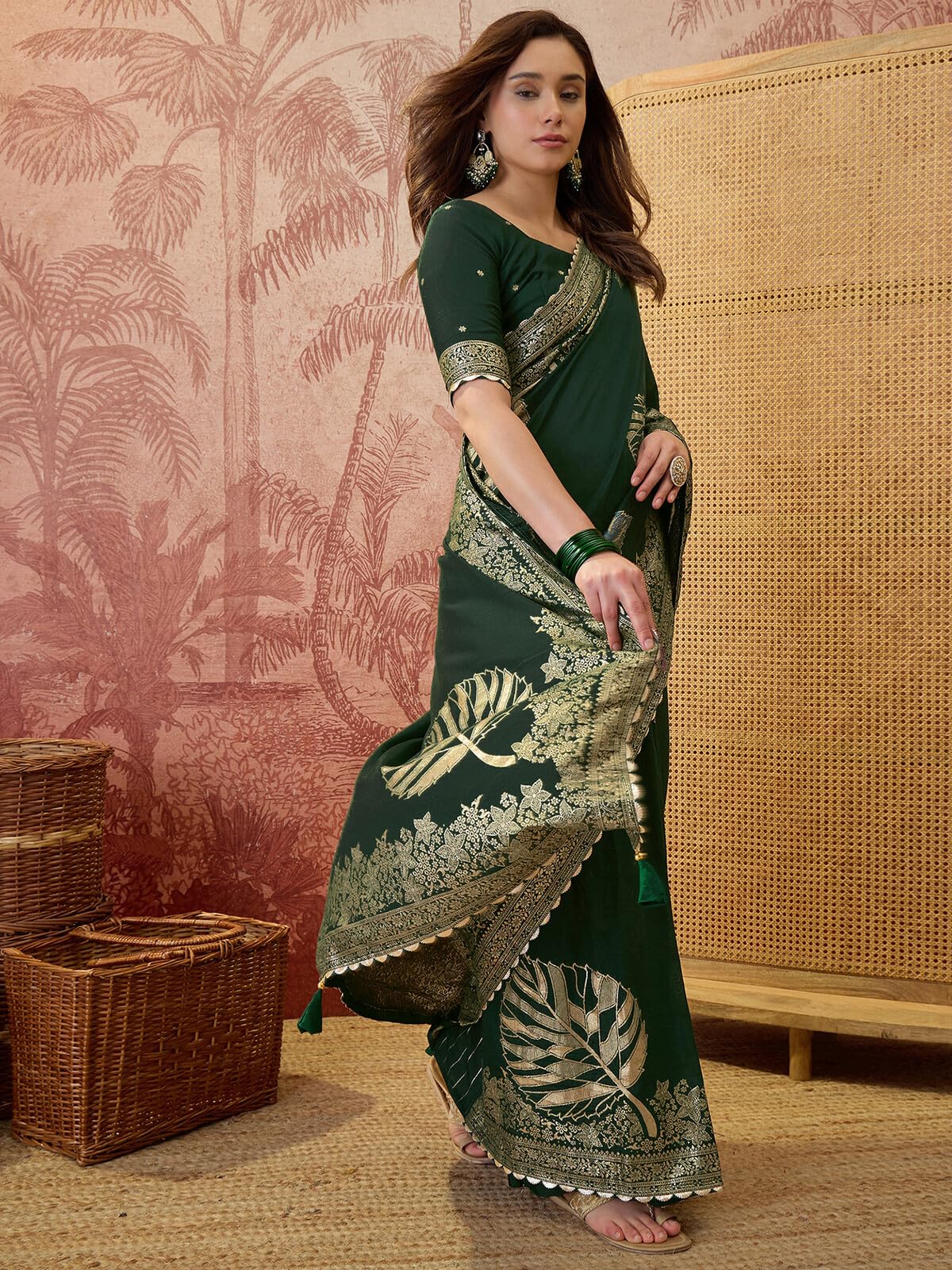 SIRIL Women's Silk Zari Jacquard Saree with Unstitched Blouse Piece (5314S102_Dark Green)