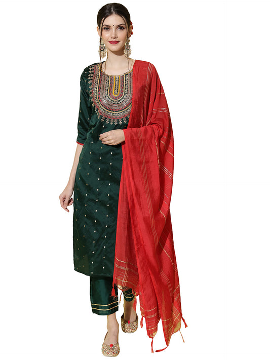 VredeVogel Women's Silk Blend Embroidered Straight Kurta & Trousers Pant With Dupatta (Green_X-Large, Regular Fit)
