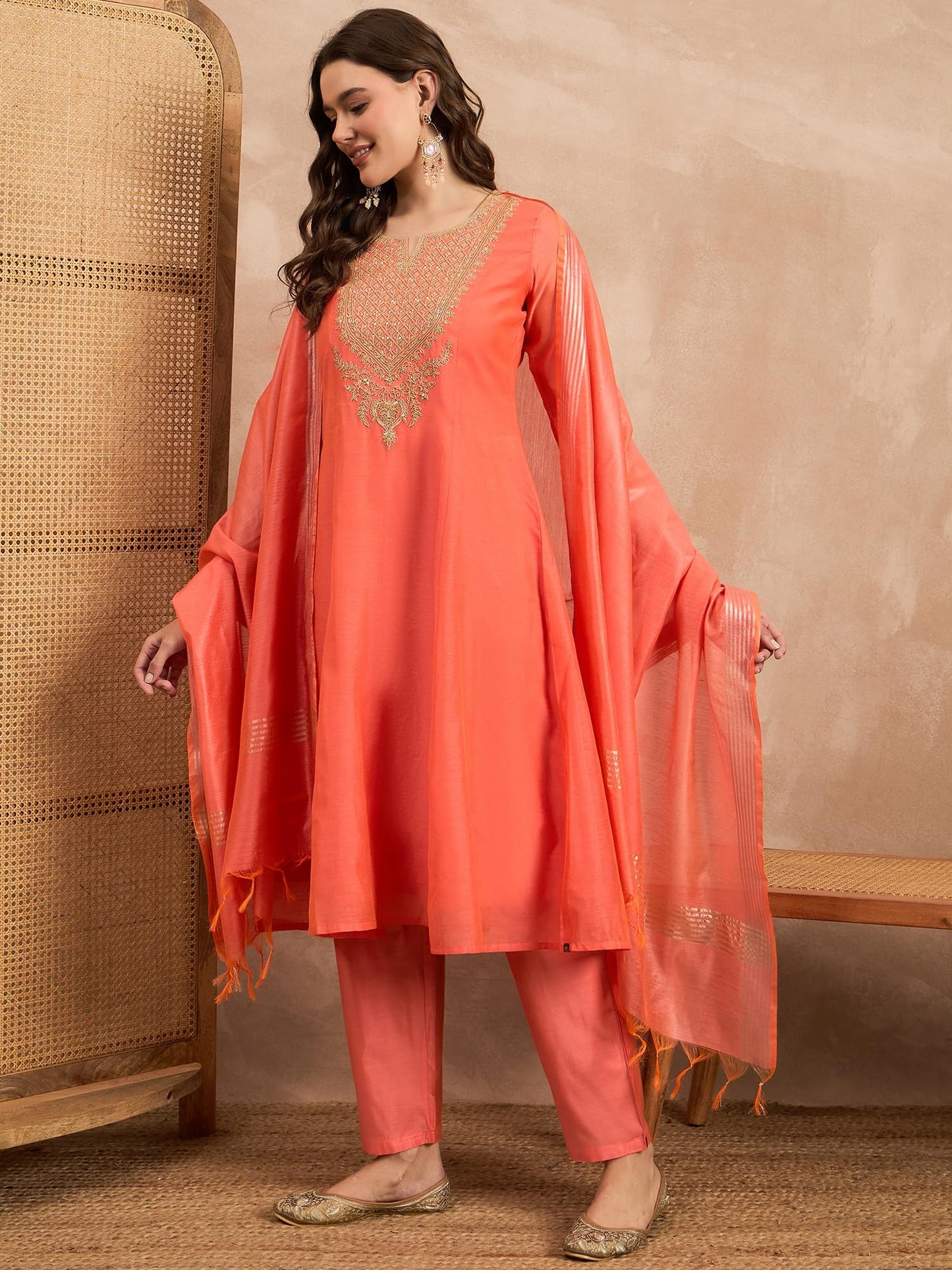 Rangavali Rust Embroidered Festive Anarkali Suit Set | Silk Chanderi Readymade Outfit Kurti, Pant & Dupatta for Women | Kurti Set for Ladies | 3 Pcs, L, 36