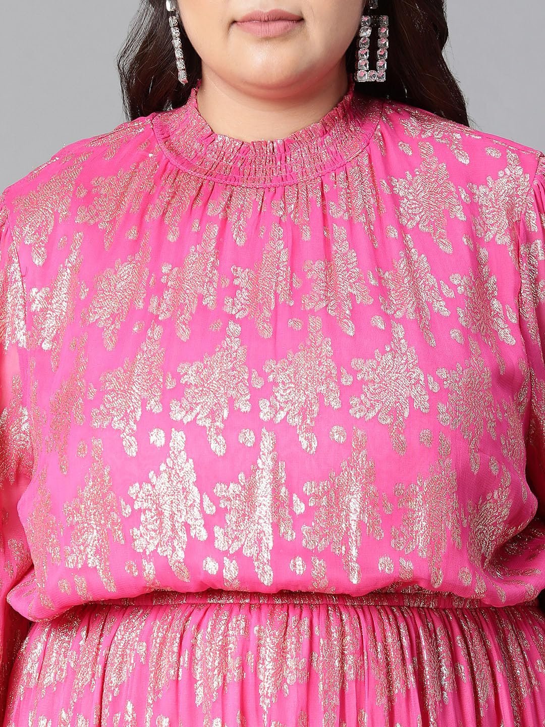 oxolloxo Women Plus Size Pink Round Neck Long Sleeve Elasticated Waist Golden Foil Print with Lining Dress