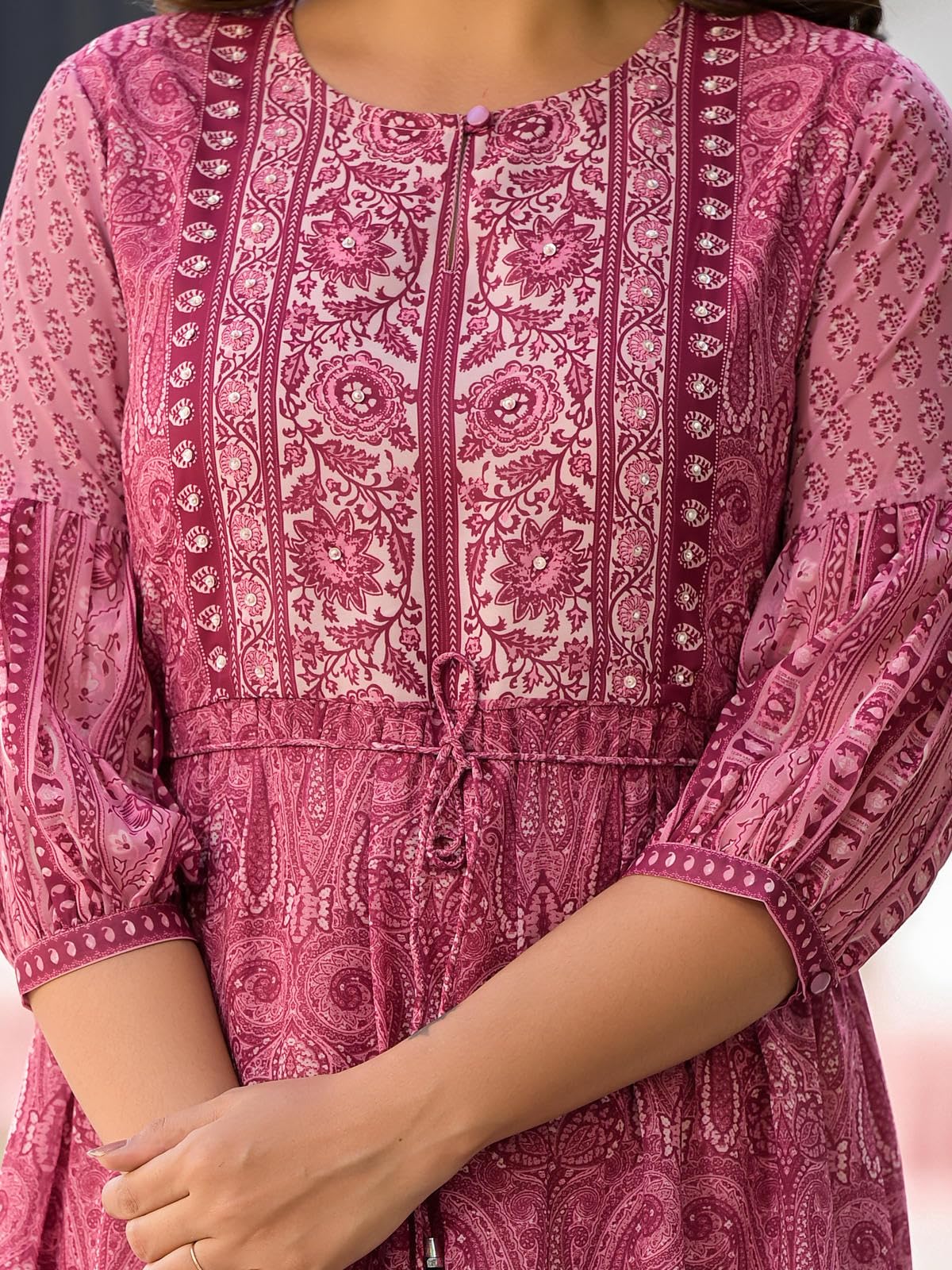 Juniper Onion Pink Ethnic Motif Printed Georgette Gathers Maxi Dress with Sequins & Doris