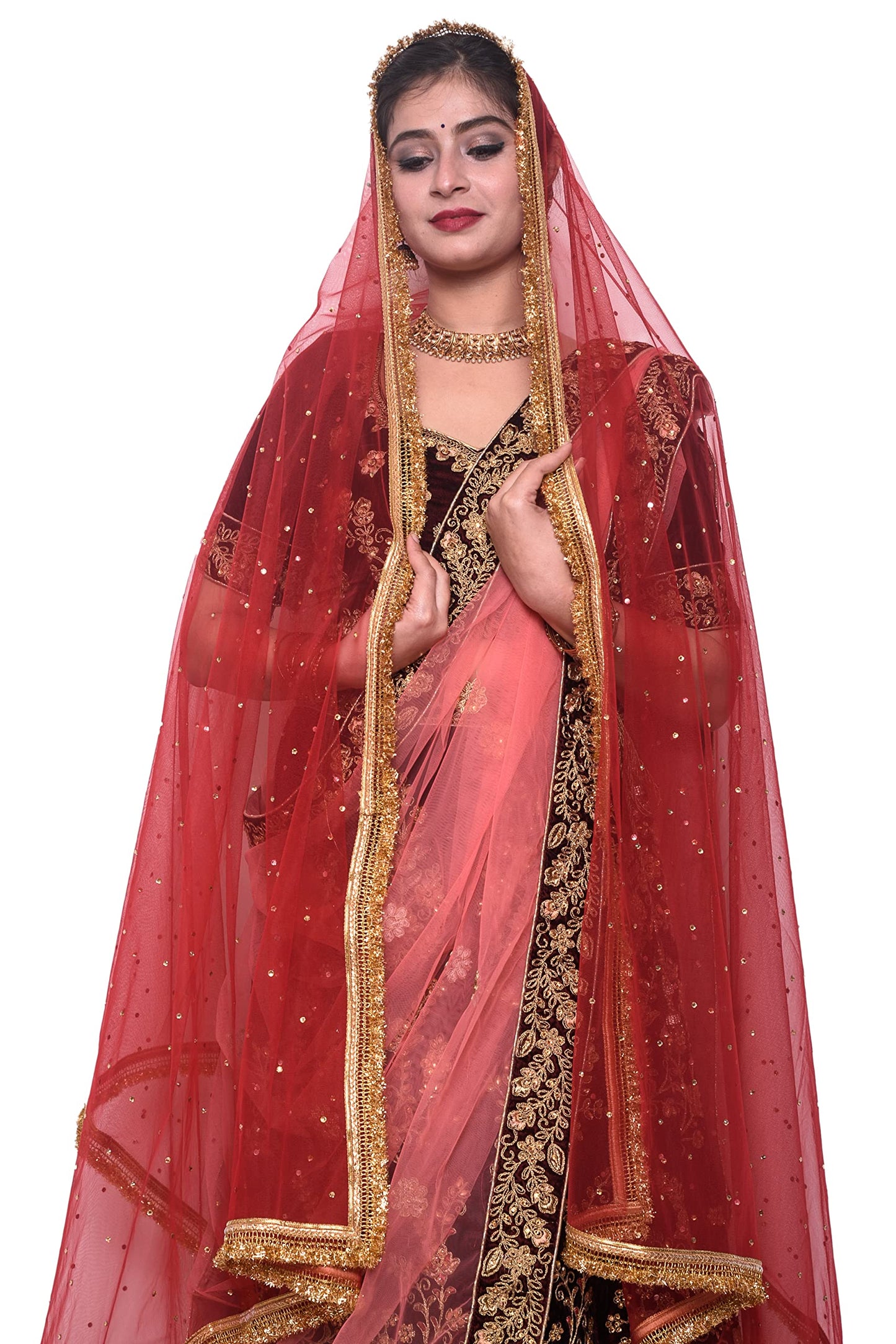 faith visit Women's Self Design Net Dupatta (red-mkda_Red_free size)