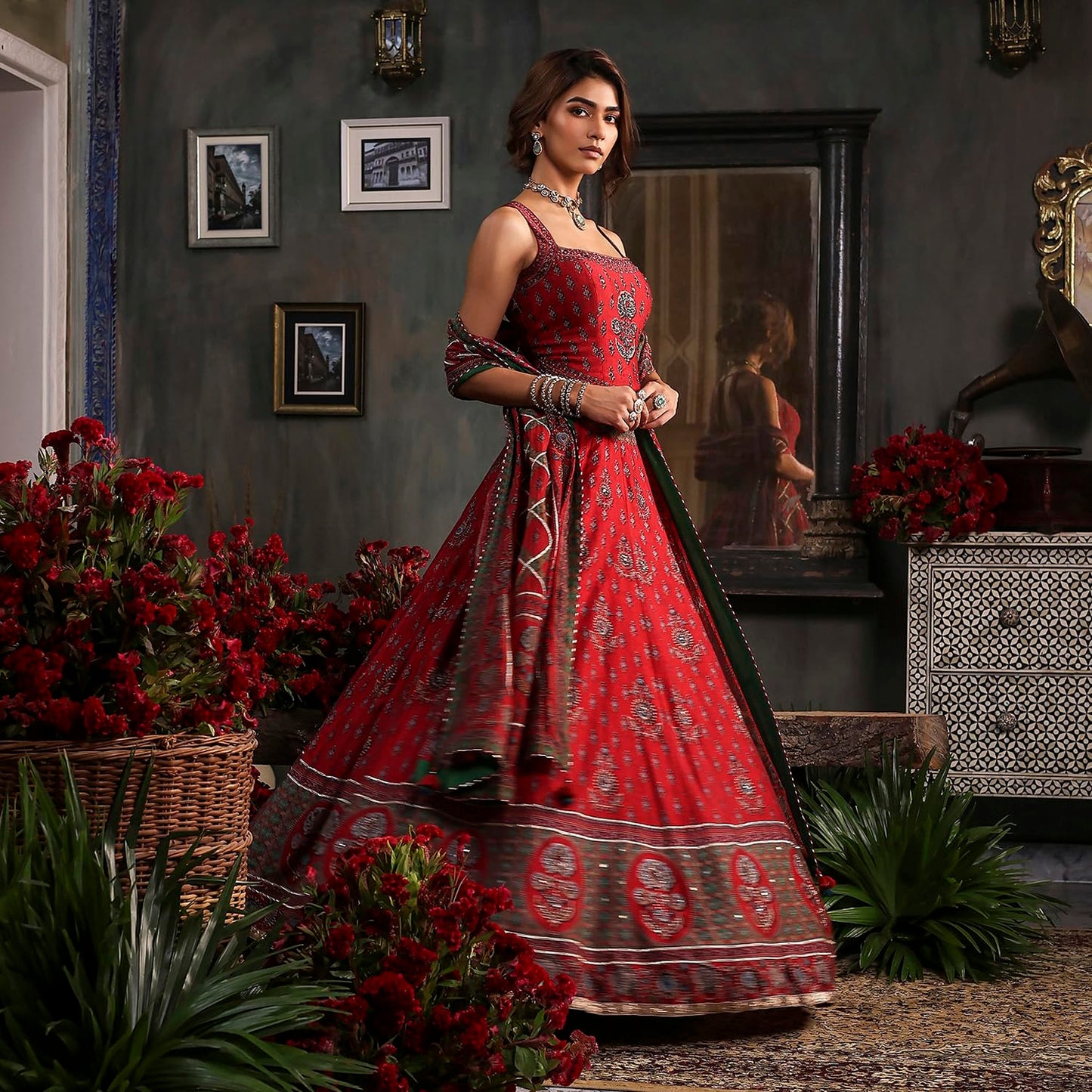 Biba Women's Silk Chanderi Lehenga Set (SKDRSTELE30317AW25RED_Red_32)