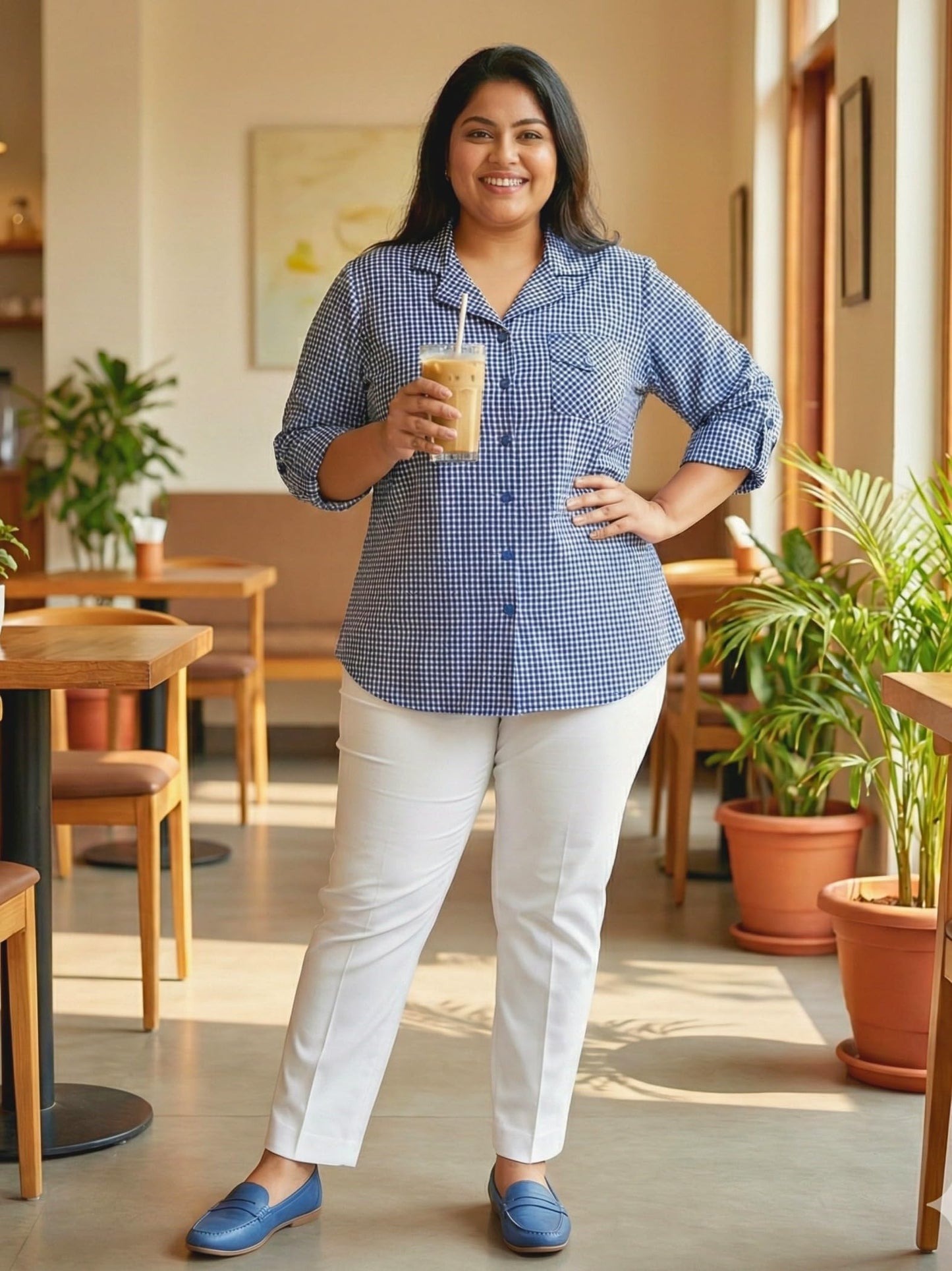 Indietoga Women Plus Size Checks Woven Cotton Wool Blend Winter Wear Shirt (P10001664_Blue Checks_2XL)