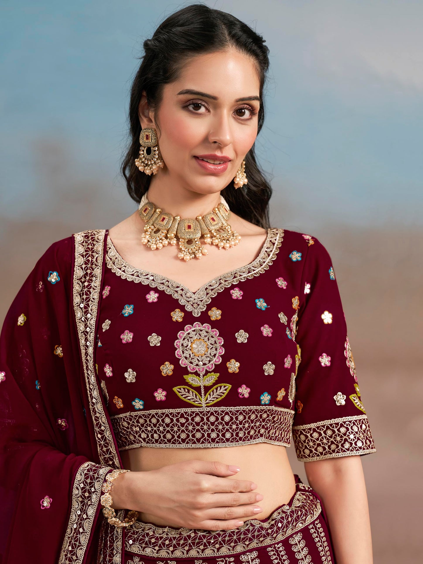 Zeel Clothing Women's Sequins Thread Embroidered Georgette Lehenga Choli With Dupatta (6008-Maroon-Women-Lehenga-Choli-New; Free Size)(Maroon)