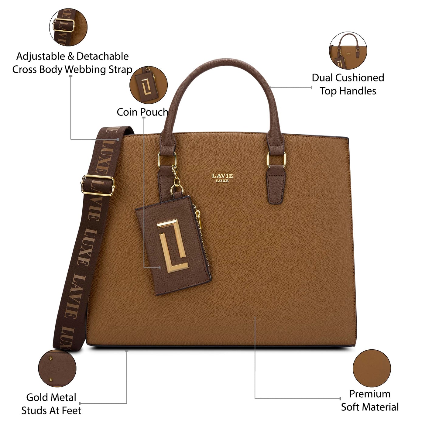 Lavie Luxe Duo Eliza Large Solid Tonal Satchel Laptop Bag for Women | Fits Upto 15 Inch Laptop | Laptop Handbag for Work | Ladies purse | Stylish Shoulder Bag | Ladies Gift