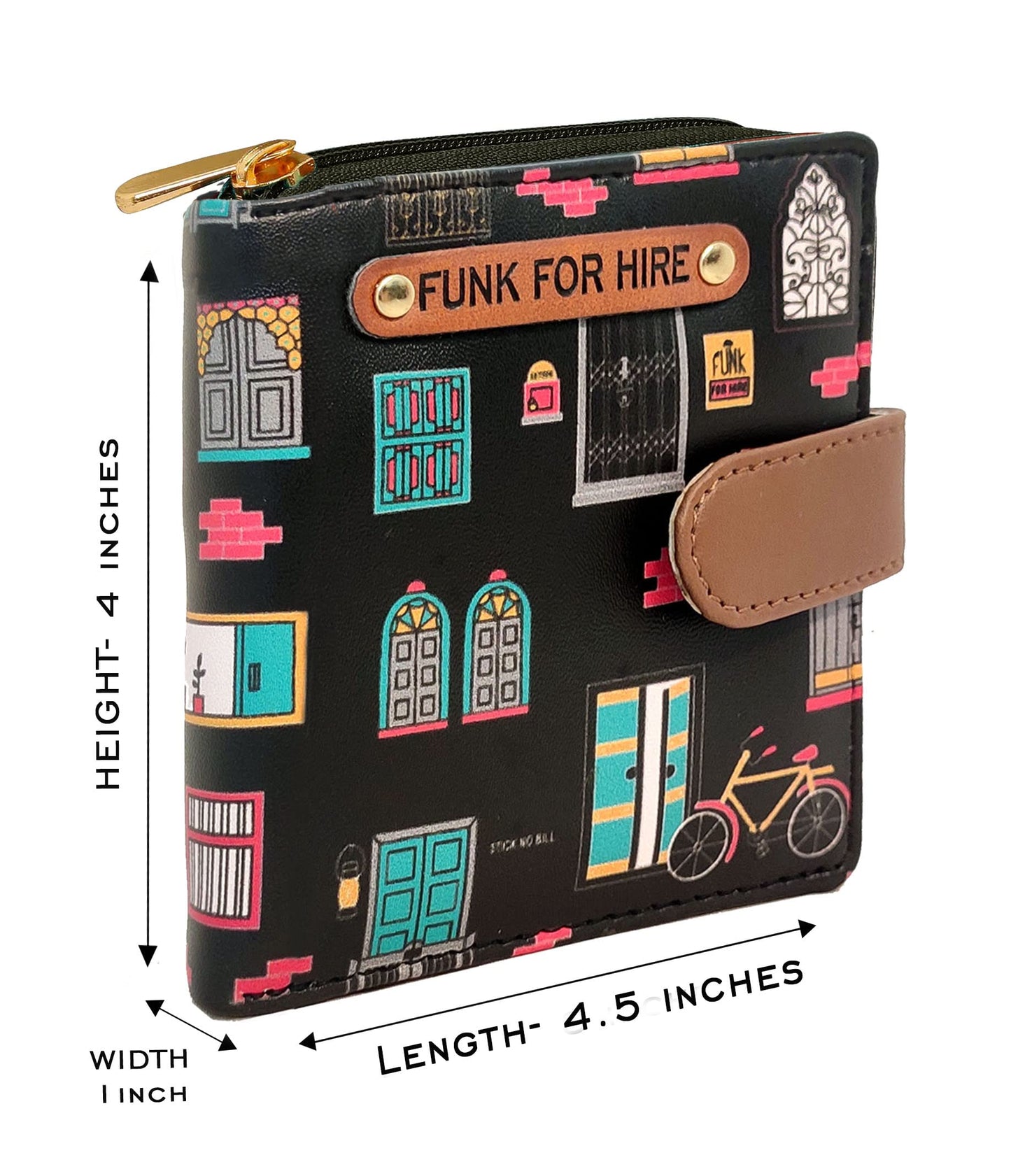 Funk For Hire Women’s Printed Black Vegan Leather Small Wallet with 8 Card Slots, 2 Hidden Pockets, Full-Length Cash Compartment, Zippered Coin Pouch, Compact Bifold Design