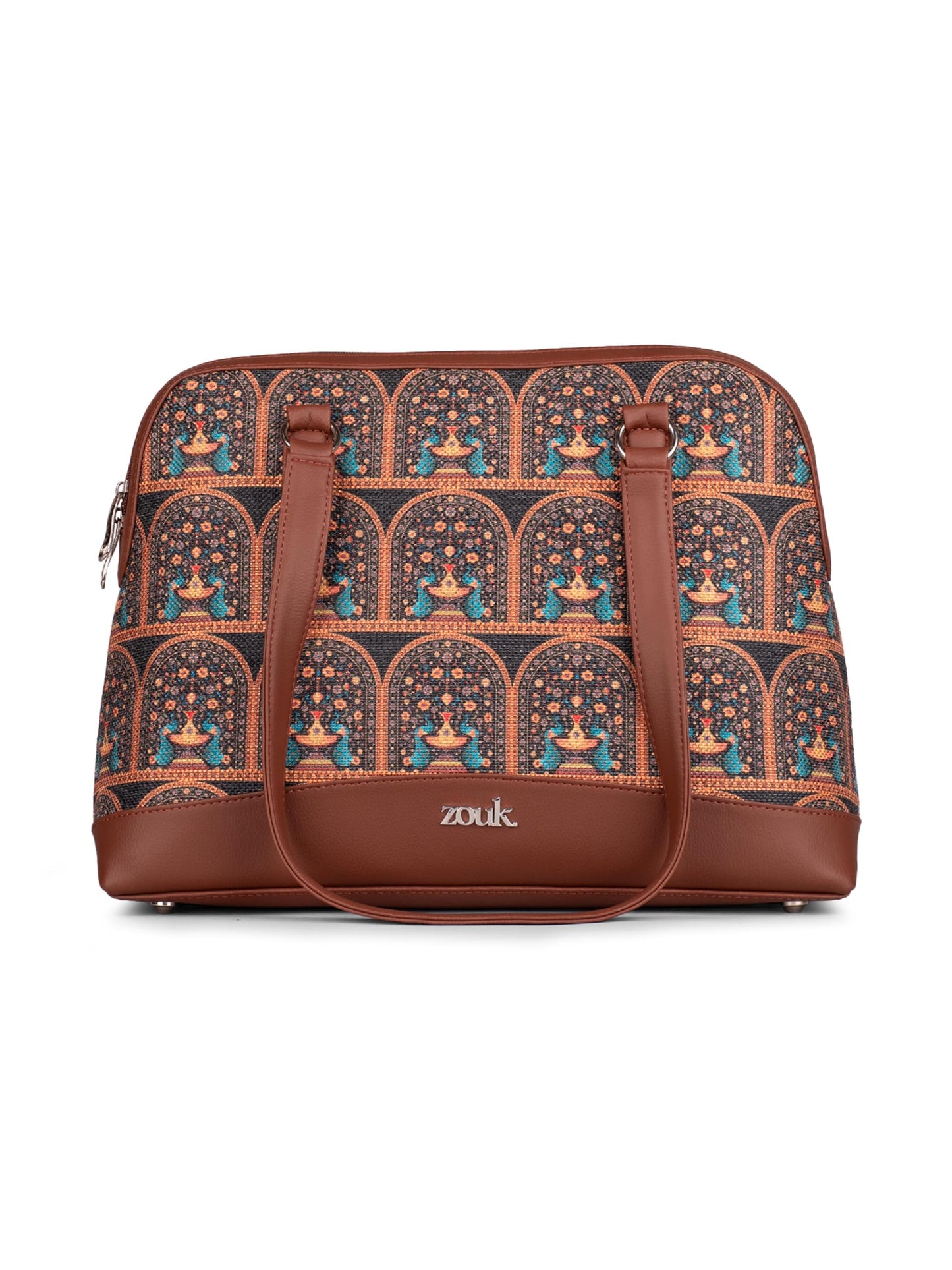 ZOUK Royal Indian Peacock Motif Carry All Work Bag | Jute | Vegan Leather Handcrafted Shoulder Bag for Women's & Girls | Teal