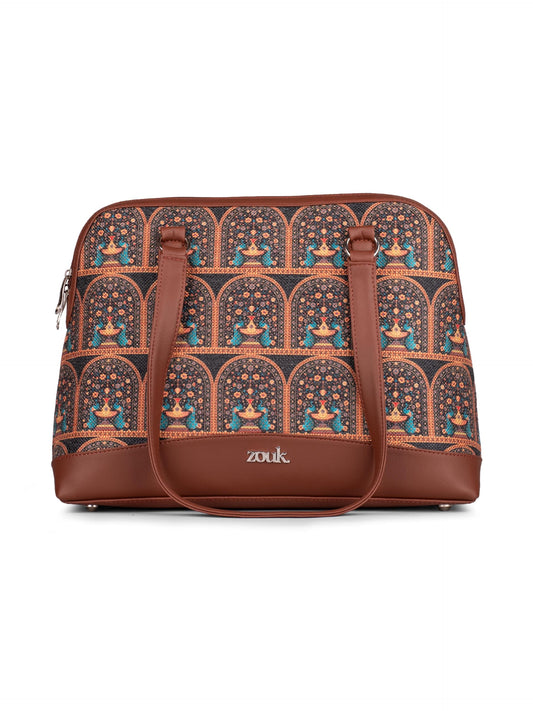 ZOUK Royal Indian Peacock Motif Carry All Work Bag | Jute | Vegan Leather Handcrafted Shoulder Bag for Women's & Girls | Teal