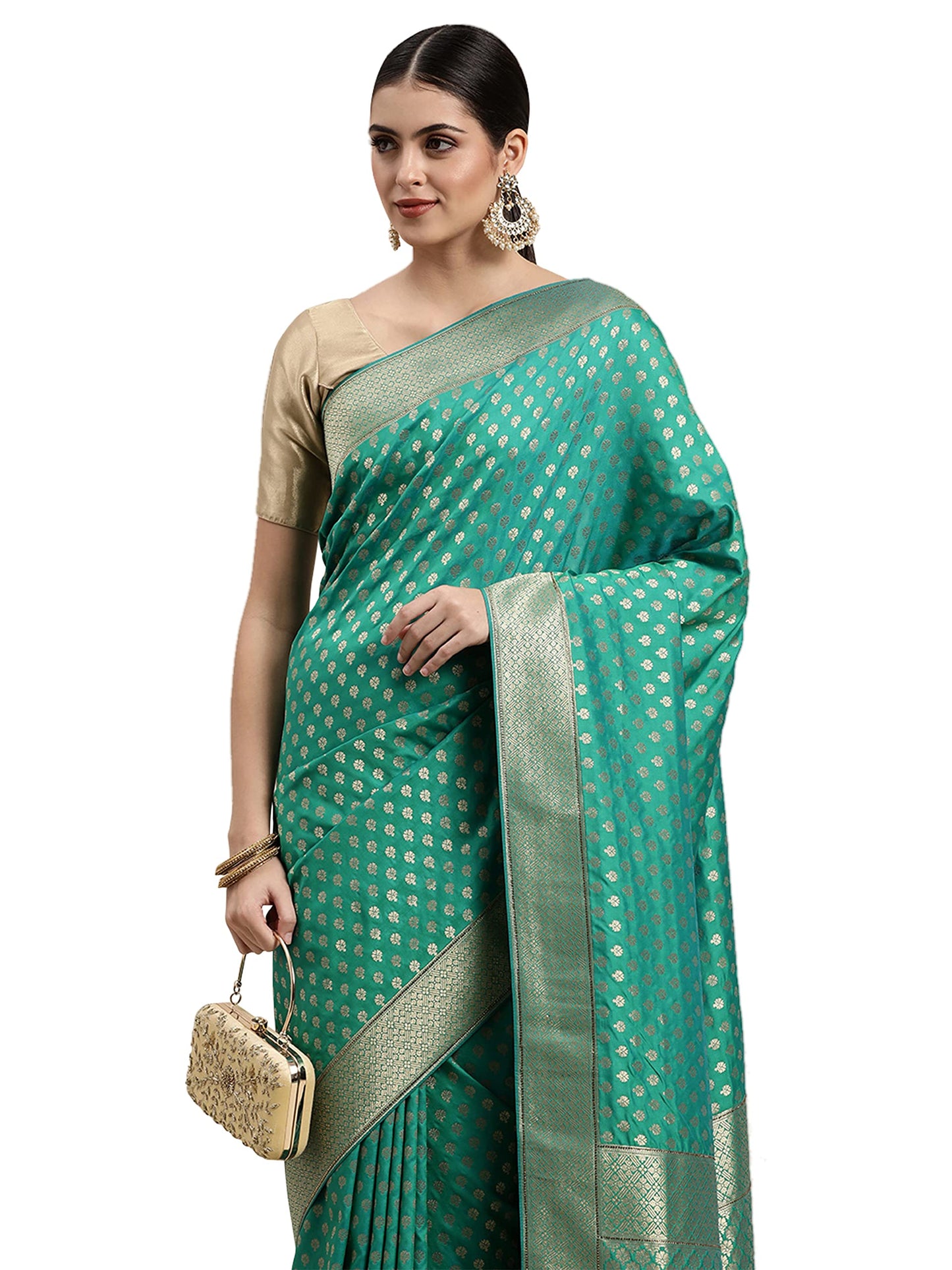 MOHEY Women's Saree, All Over Jaal, Border Saree with Blouse Piece, Traditional Womens Saree, Art Silk (Green)