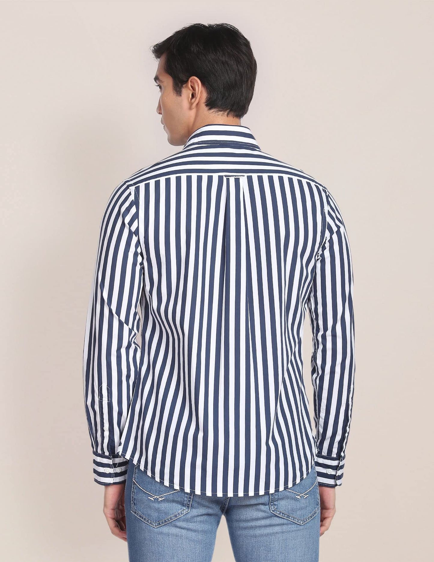 U.S. POLO ASSN. Mens Cotton Printed Stripe Fs Regular Fit Shirts (Usshtfx0072_Navy_Large)