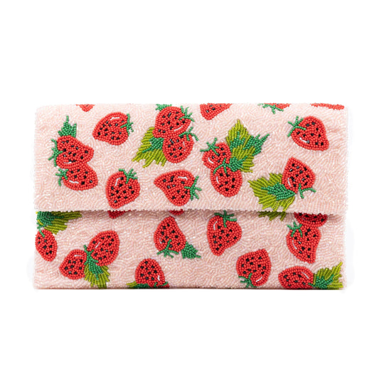 MFU-MADE FOR YOU Handmade Beaded Clutch Wallet for Women (Pack of 1) | Pink Strawberry Floral Party Purse with String | Multicolored Traditional Gift Bag | Elegant Accessory