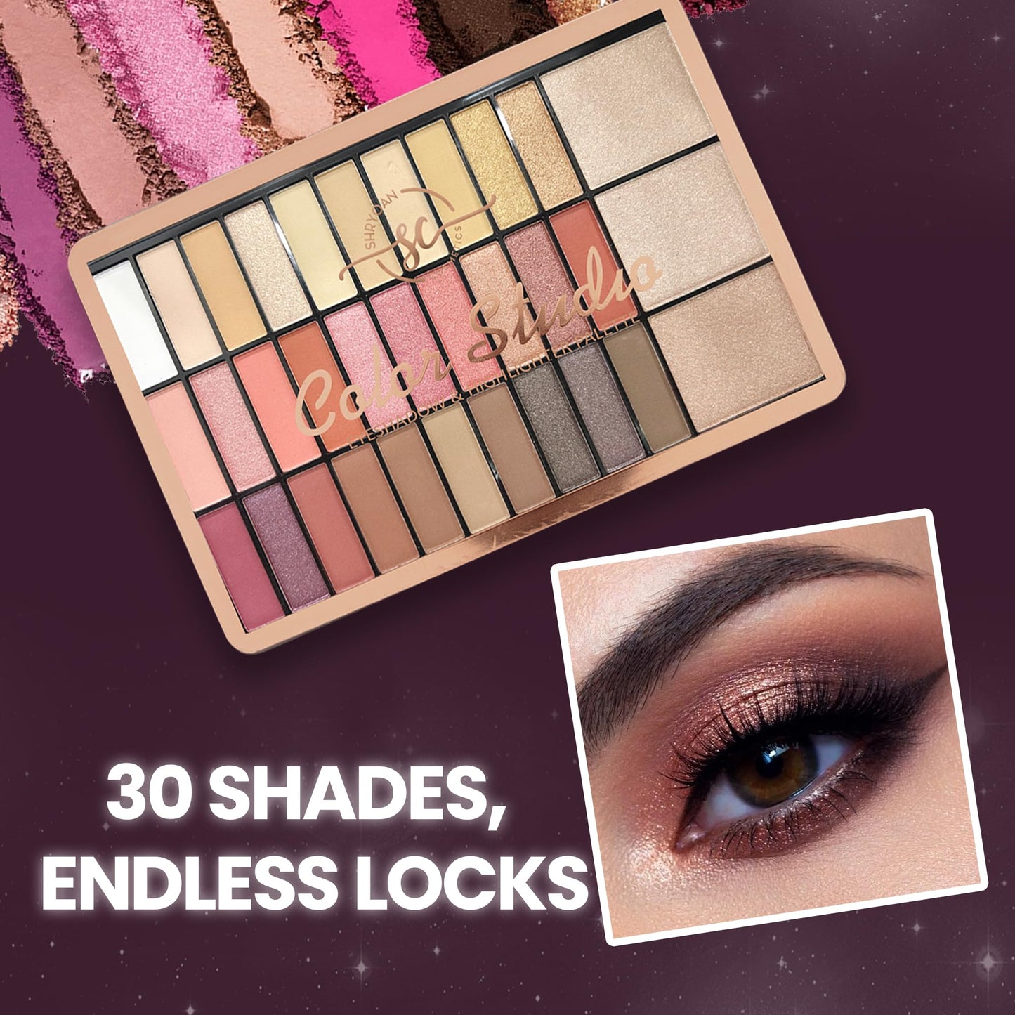 Shryoan Color Studio Eyeshadow & Highlighter Palette | 30 Colorful Shimmer Eyeshadow & 3 Highlighter | Highly Pigmented & Shimmery Matte Finish | 38 gm (Shade-01)