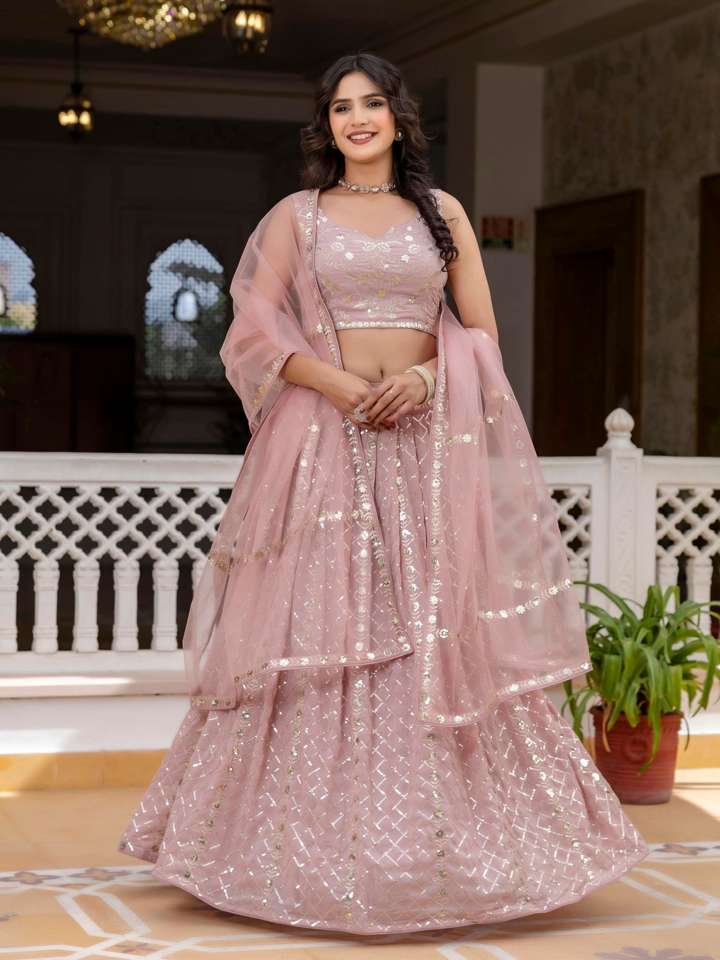 TRENDMALLS Women's Georgette Sequin Embroidery Work Lehenga Choli with Dupatta For Women (L300-LightPink-Semi-Stitch)
