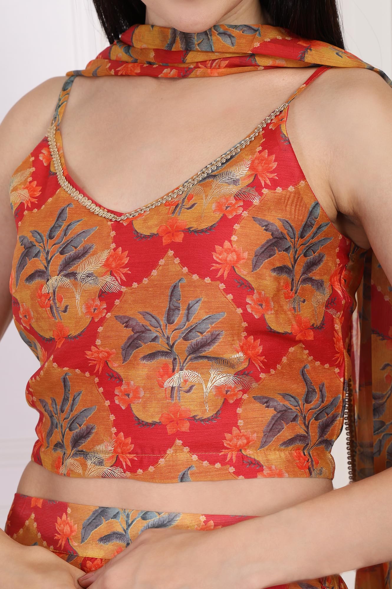 W for Woman Floral Printed Crepe Crop Top with Skirt and Dupatta Set (WS13899)