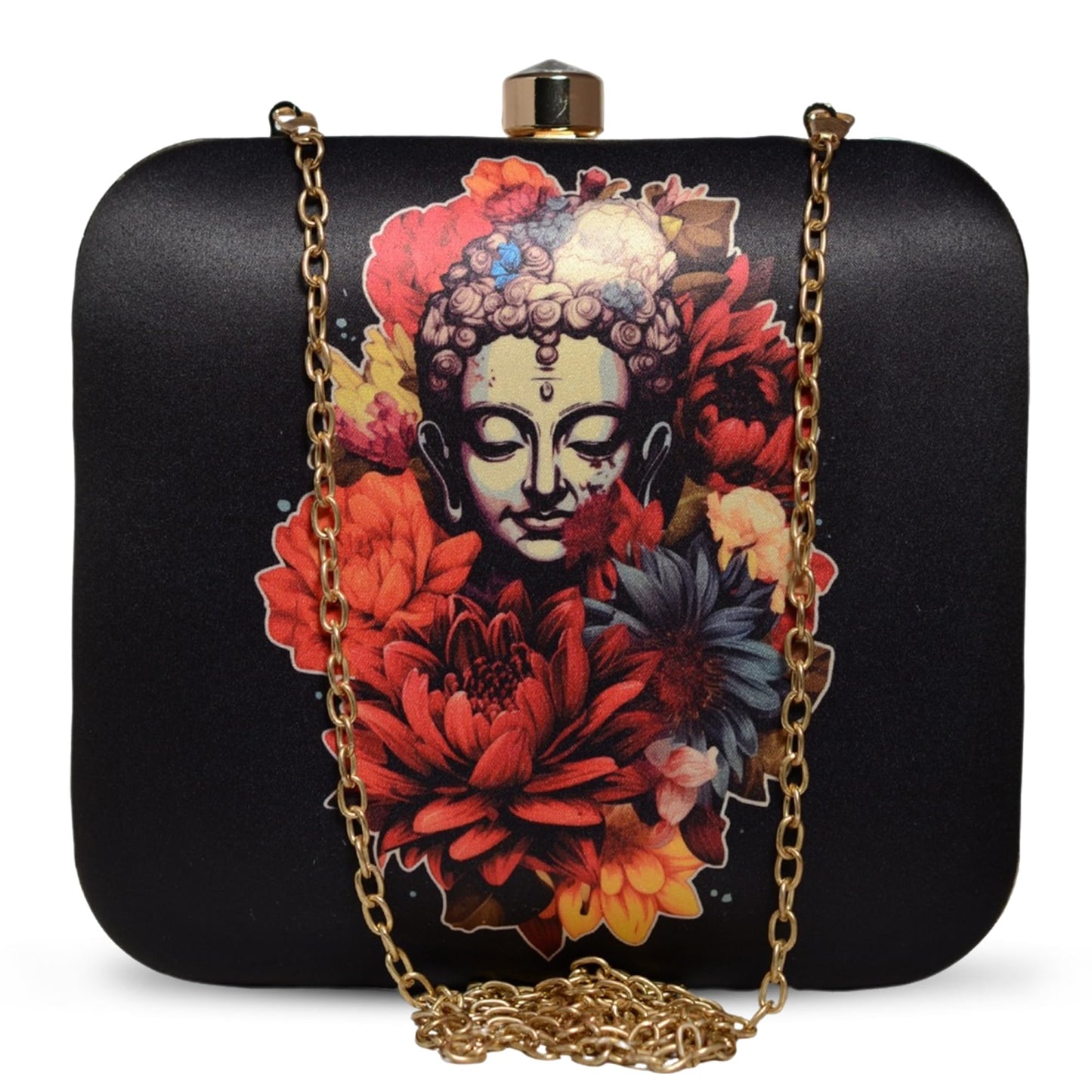 Artklim Black Buddha & Flowers Print Clutch Handbag for Women & Girls - Handcrafted Box Statement Sling Bag - Fashionable Evening Purse - Gift for Mother
