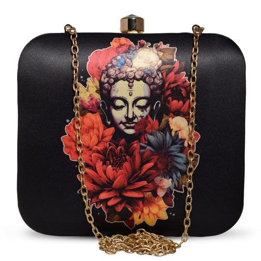 Artklim Black Buddha & Flowers Print Clutch Handbag for Women & Girls - Handcrafted Box Statement Sling Bag - Fashionable Evening Purse - Gift for Mother