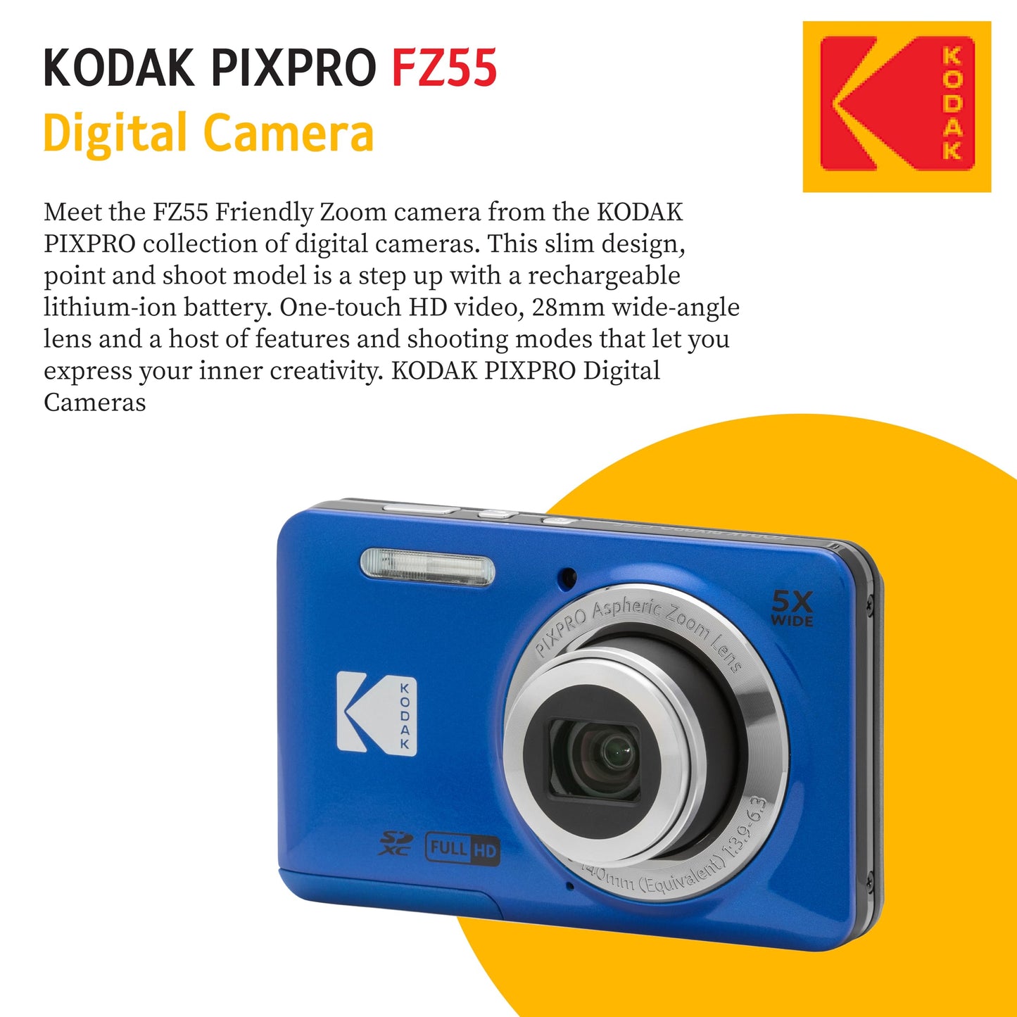 KODAK PIXPRO FZ55 16MP Digital Point & Shoot Camera, 5X Optical Zoom, 28mm Wide Angle, 1080P Full HD Video, Bundle with 32GB SD Card, Protective Case, and Hi-Speed Card Reader (Blue)
