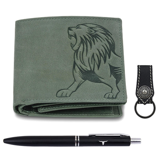 URBAN FOREST Luca Vintage Green Leather Wallet, Black Pen & Keychain Combo Gift Set for Men