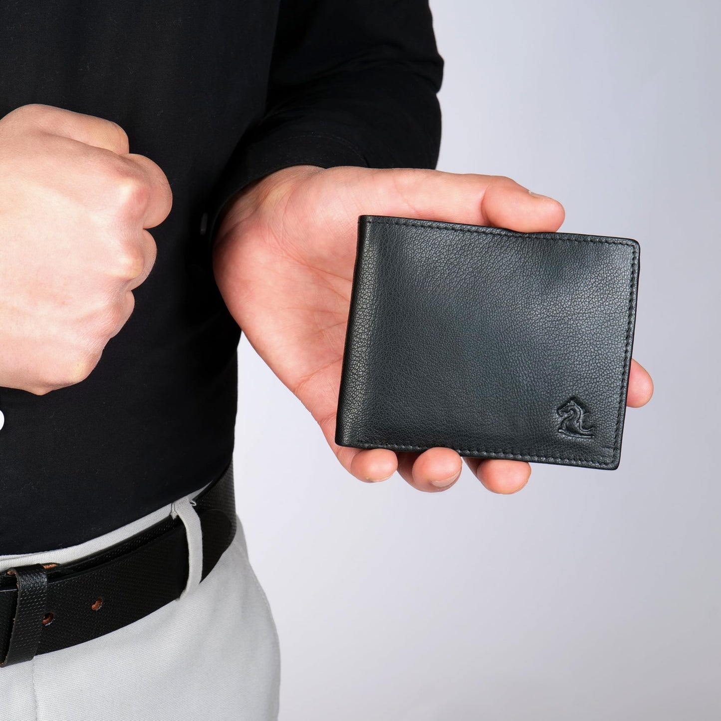 KARA Black Men's Genuine Leather Wallet – Bifold, 2 Cash Compartments, Coin Pocket, 10+ Card Slots, Hidden & Transparent Flip Sections