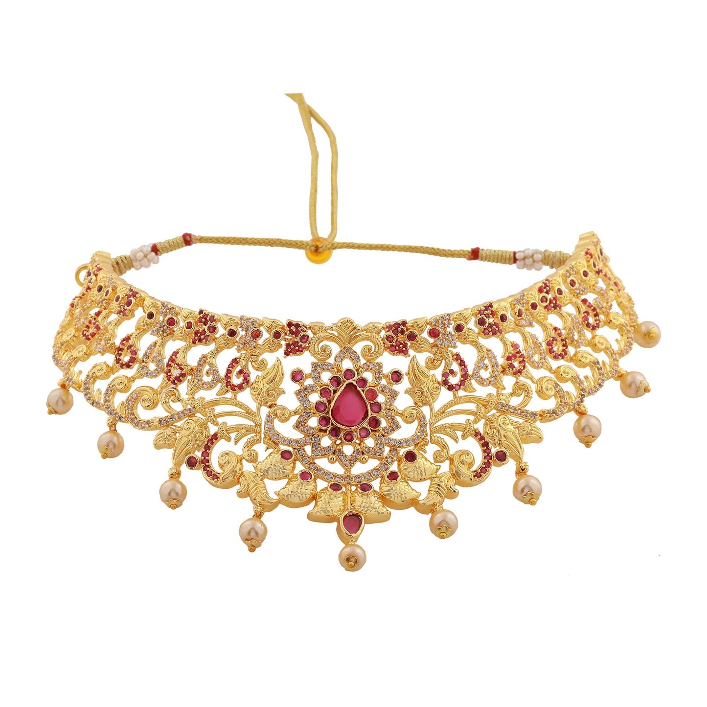 Estele Gold Plated CZ Magnificent Bridal Choker Necklace Set With Pearls for Women
