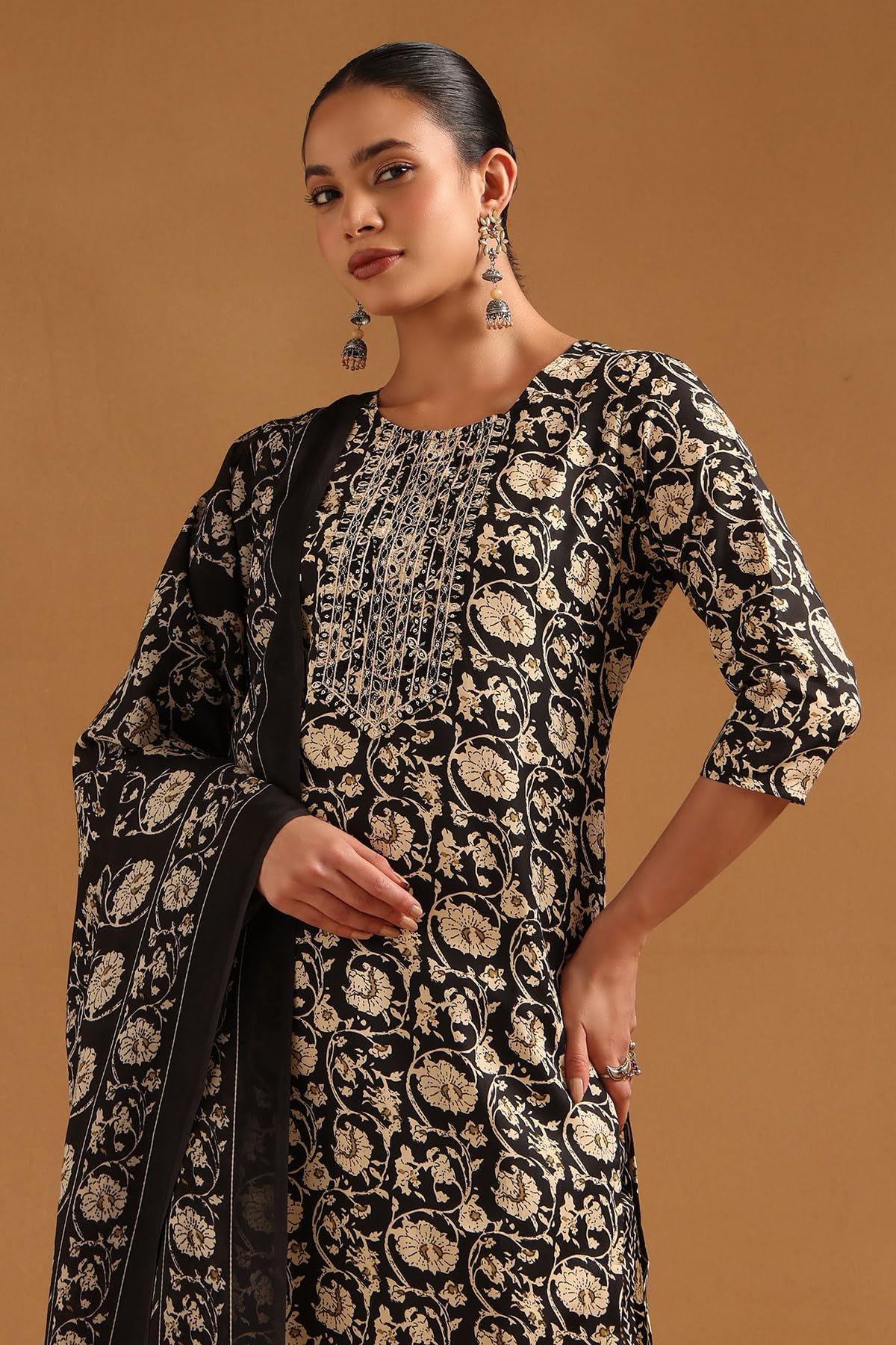 Soch Womens Black Cotton Blend Botanical Salwar Suit With Sequins