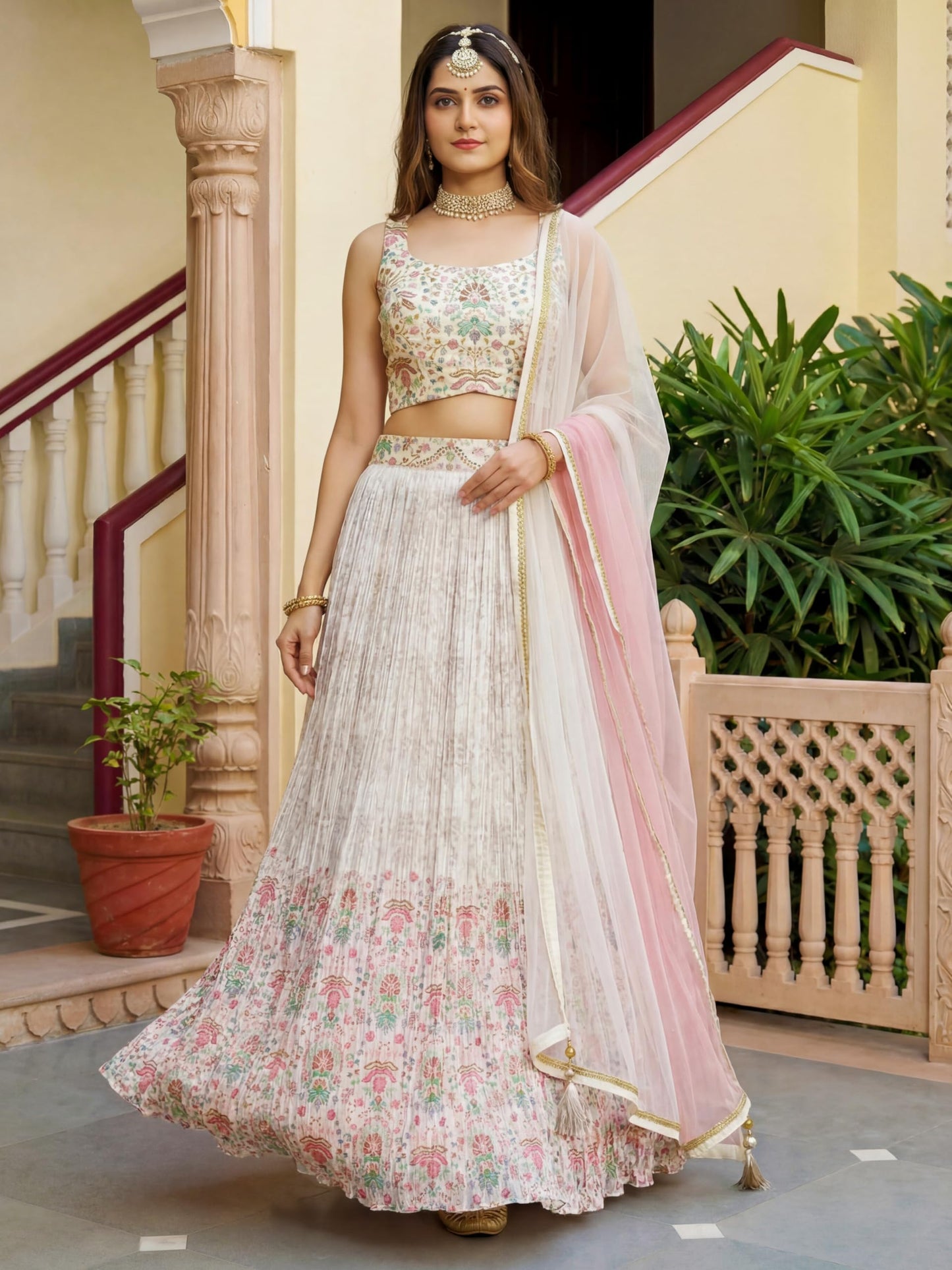 Zeel Clothing Women's Floral Printed Georgette New Lehenga Choli with Dupatta (5081-White-Women-New-Lehenga-Choli; Free Size)