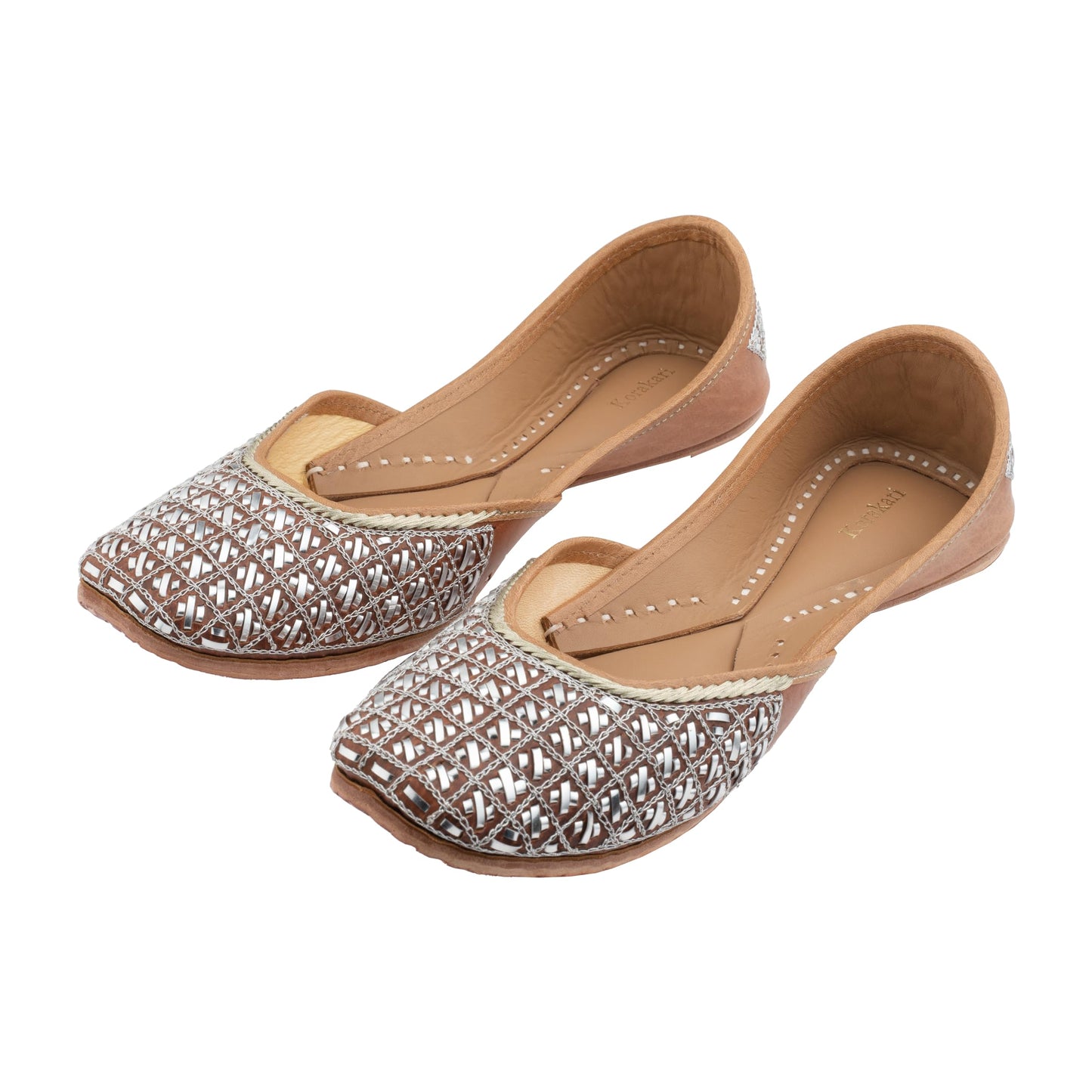 KORAKARI Women's Genuine Leather Traditional Ethnic Juno Handmade Punjabi Jutti, Leather Flat Comfortable Mojaris for Girls (Size: UK5, Beige)