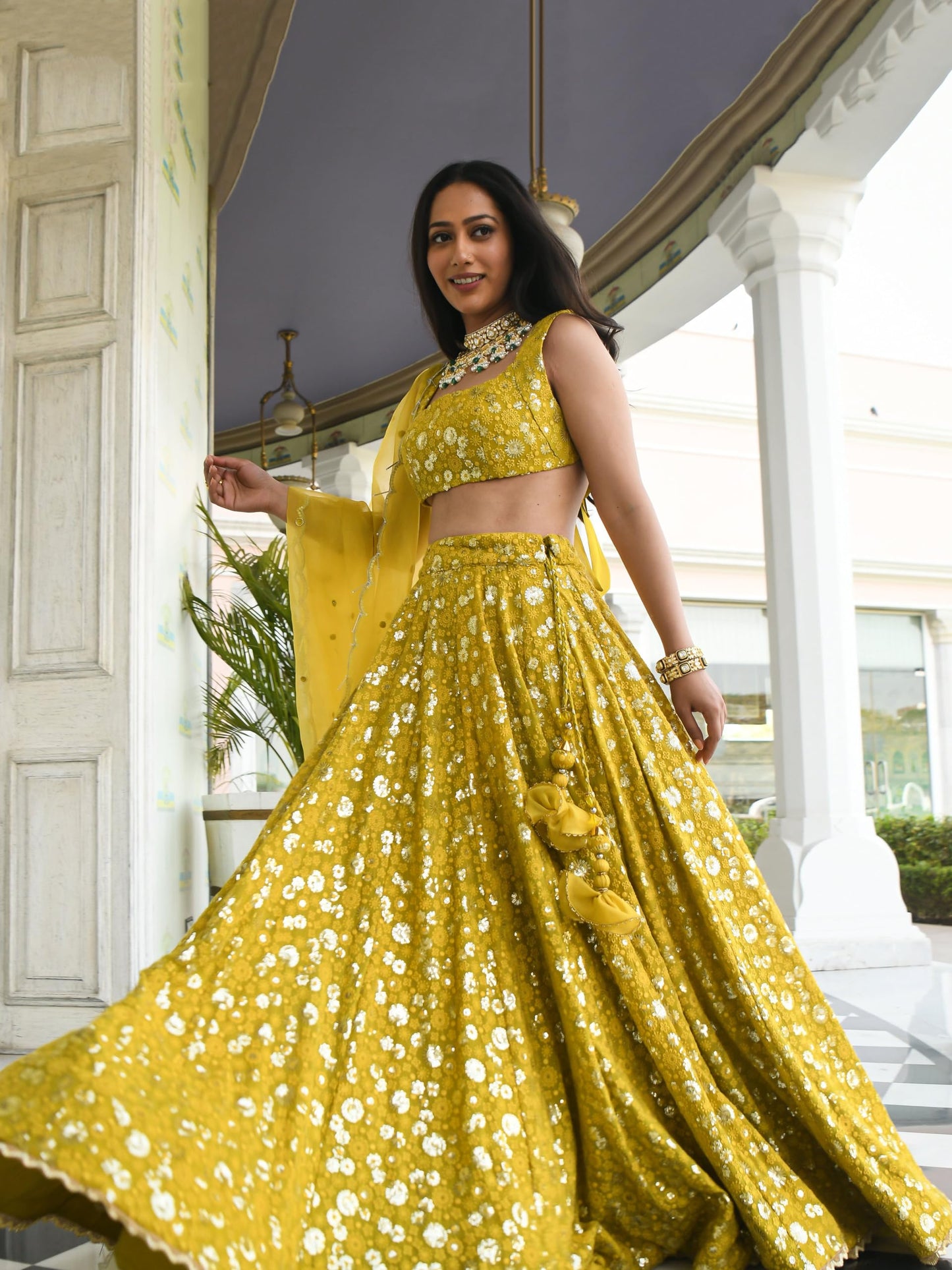 Zeel Clothing Women's Georgette Semi-Stitched Sequins Thread Embroidered Lehenga Choli With Dupatta (7084-Mehndi--Lehenga-Choli-Latest,Free size)