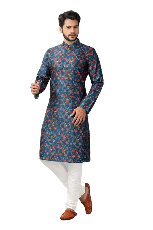 Logass Men's Silk Blend Printed Kurta Pyjama Set (Dp-Le 007-L_Large) Blue
