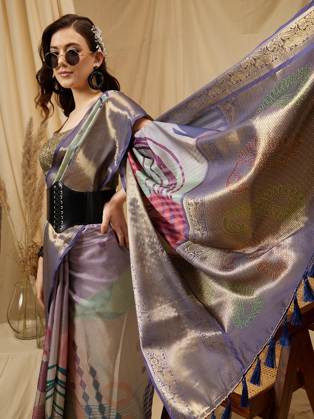 Enthone Womens Banarasi Tusser Soft Silk Digital Print Zari Woven Saree, Multicolour
