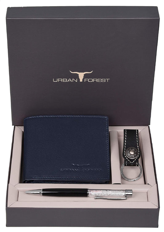 URBAN FOREST Sherlock Blue Leather Wallet, Keyring & Pen Combo Gift Set for Men