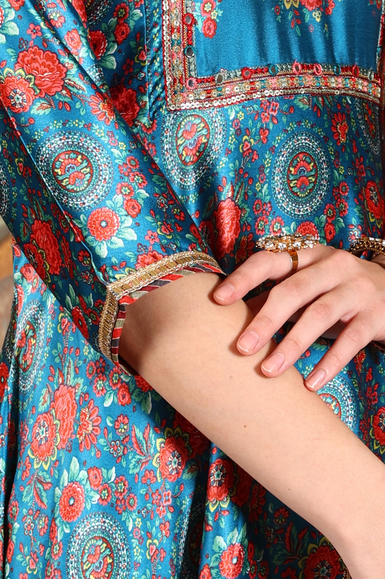 W for Woman Cerulean Blue Floral Printed Japanese Satin Kurta, Pants and Dupatta Set (Size: S)-24AUWS11763-123276