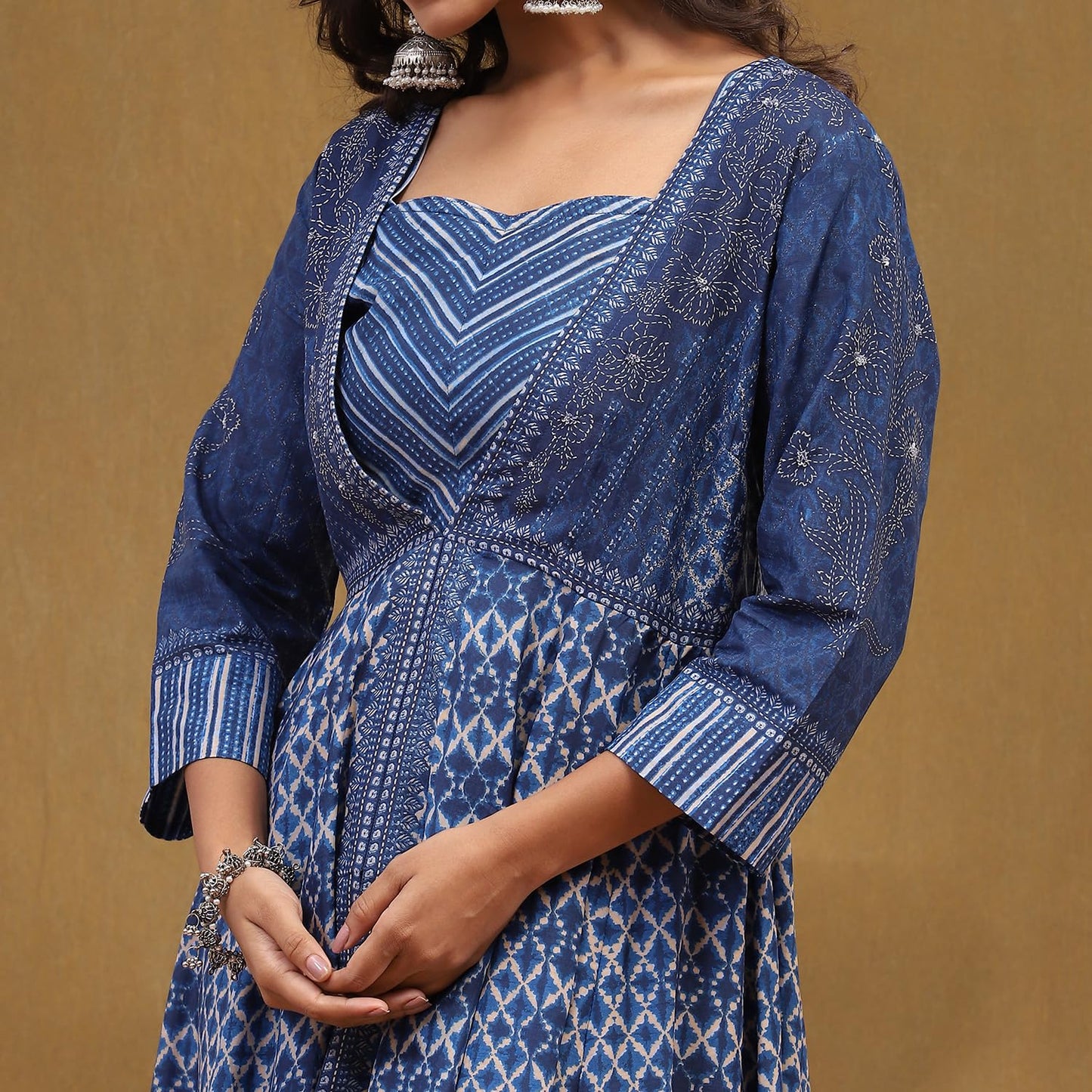 BIBA Women's Cupro Modal Printed Regular Kur,Bustr,Pla (SKDNSHIBO10030AW24IND_Indigo