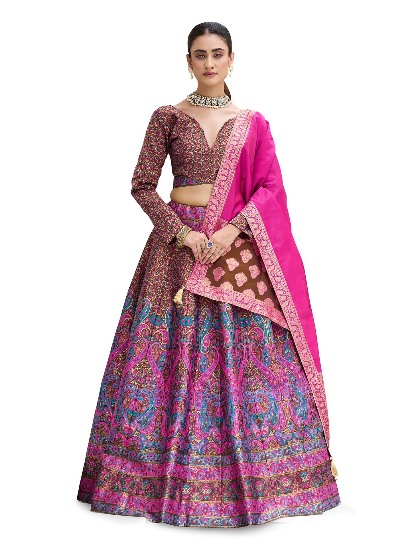 PURVAJA Women's Kanjiwaram Semi-Stitched Lehenga choli (Zahira-Brown_Free Size)