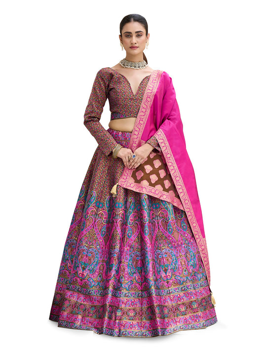 PURVAJA Women's Kanjiwaram Semi-Stitched Lehenga choli (Zahira-Brown_Free Size)