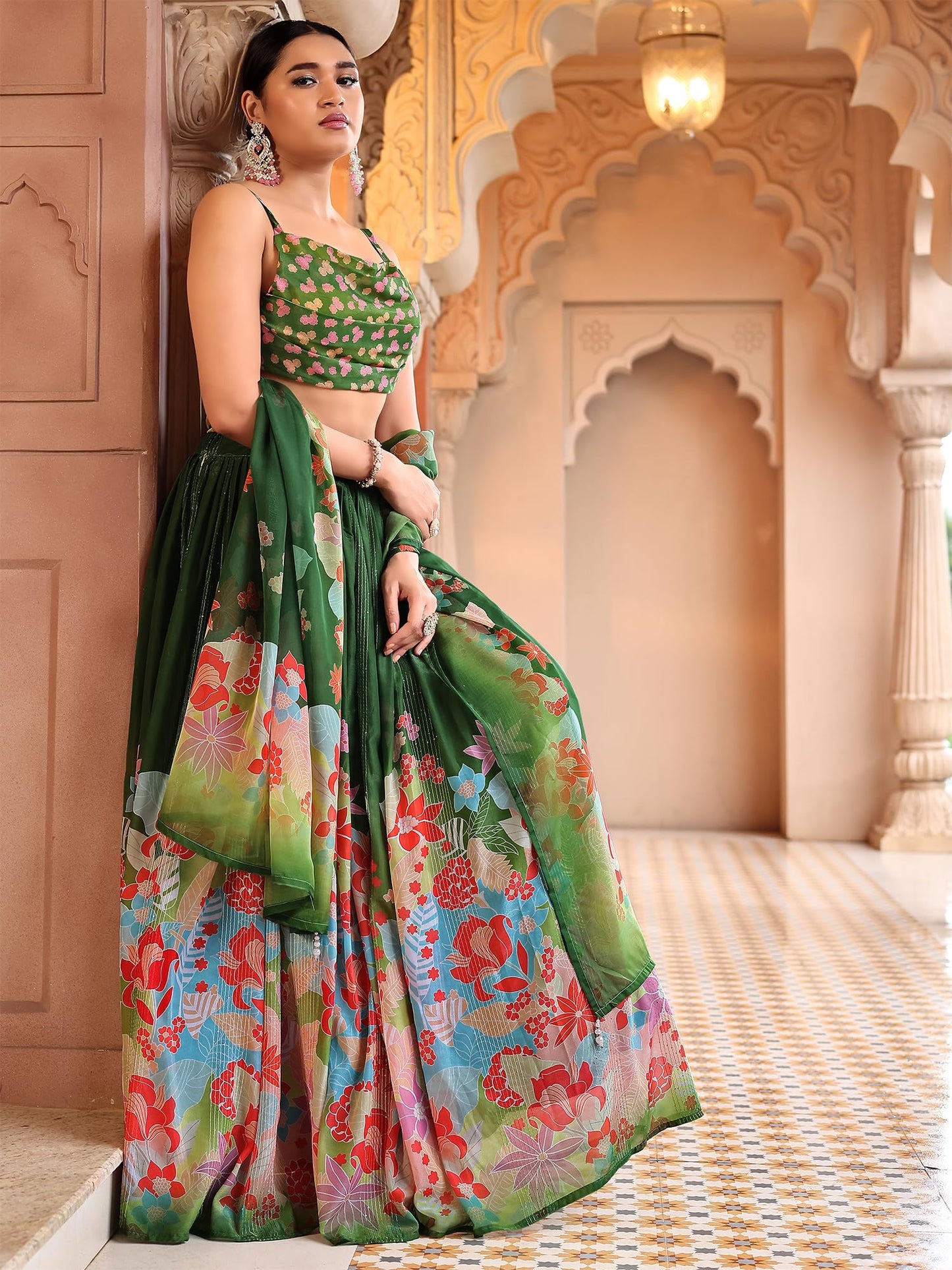 PURVAJA Women Georgette Semi-Stitched Lehenga Choli Set (Viana-Green Free Size)