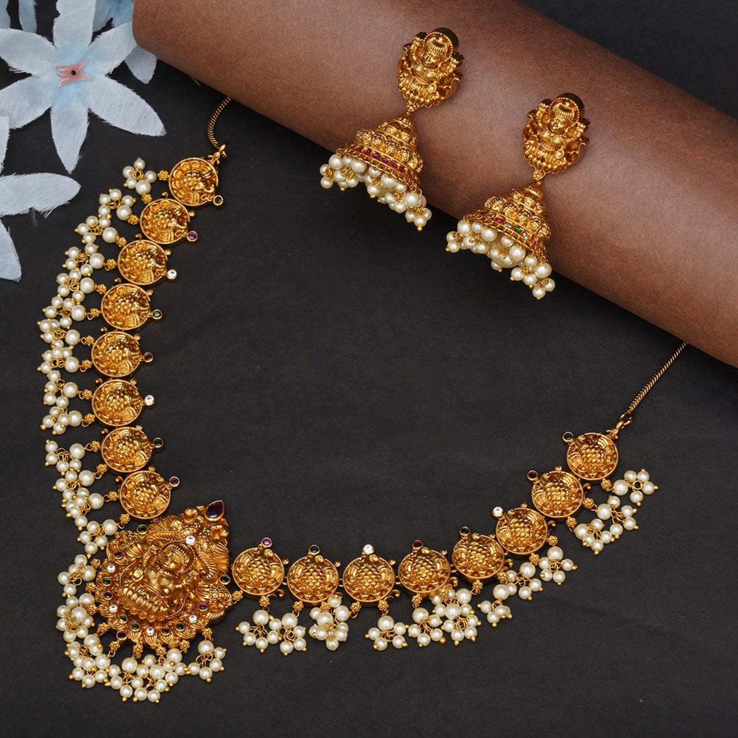 VOYLLA Gold Opulence Gold Plated Goddess Lakshmi Motifs Faux Pearls Lavish Jewellery Set For Women|Womens Jewellery Set|Gift For Women|Womens Gift|Gift For Her|