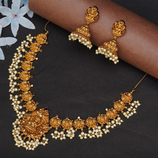 VOYLLA Gold Opulence Gold Plated Goddess Lakshmi Motifs Faux Pearls Lavish Jewellery Set For Women|Womens Jewellery Set|Gift For Women|Womens Gift|Gift For Her|