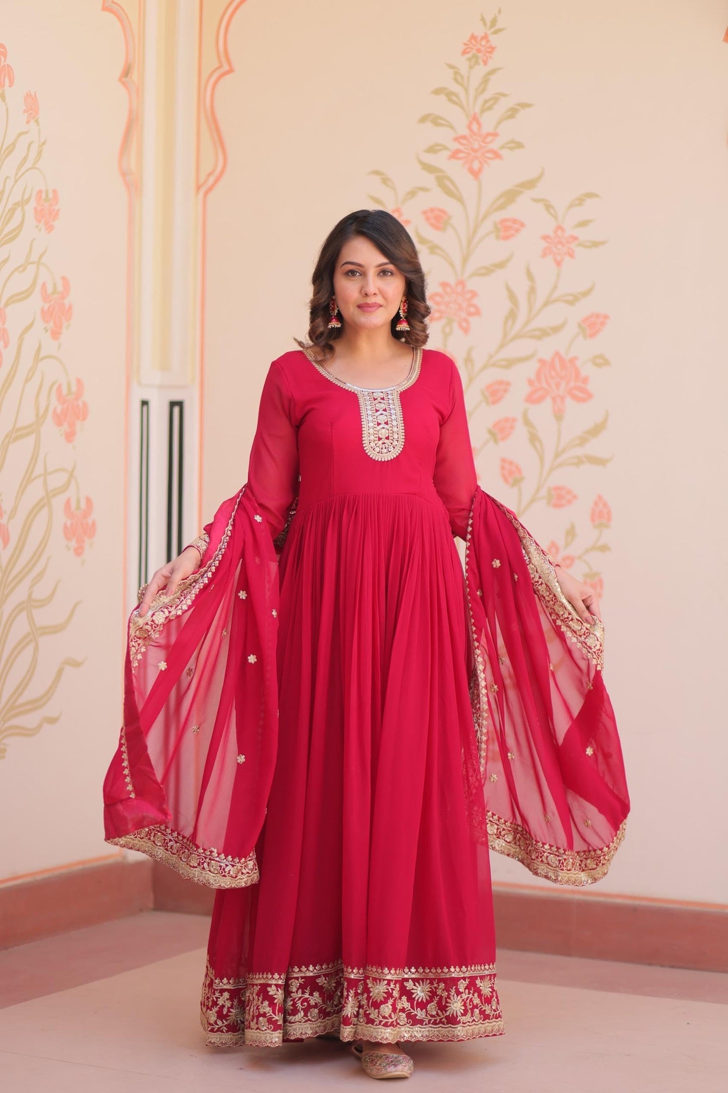 Mehervaa by vinni Red Anarkali Suit Set with Embroidered Dupatta, Long Sleeve Gown Style, Golden Zari Work, Traditional Indian Ethnic Wear (IN, Alpha, 2XL, Regular)