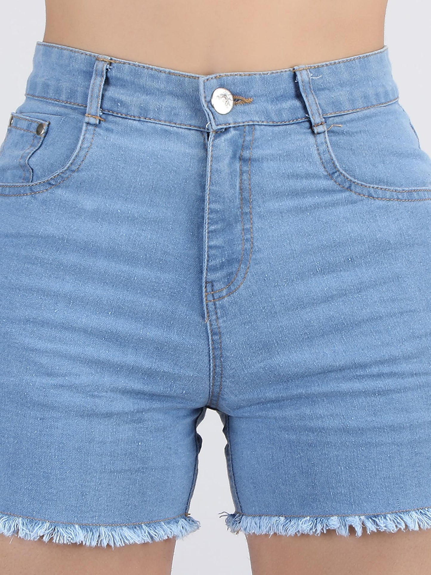 PepTrends Denim Shorts with Single Button and Rugged Fringed Hemline(Light Blue, X-Small)