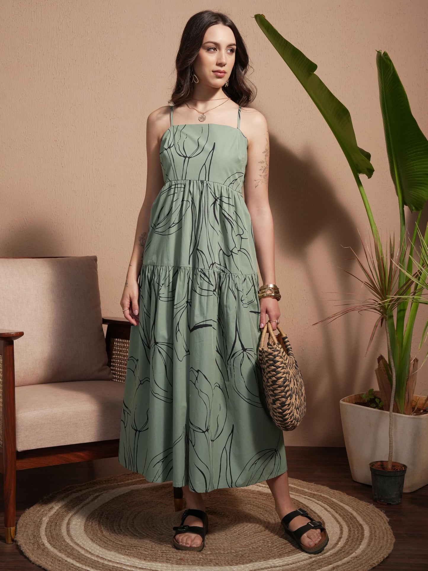 Vishudh Women's Cotton Maxi Dress (VVa1000071_Green