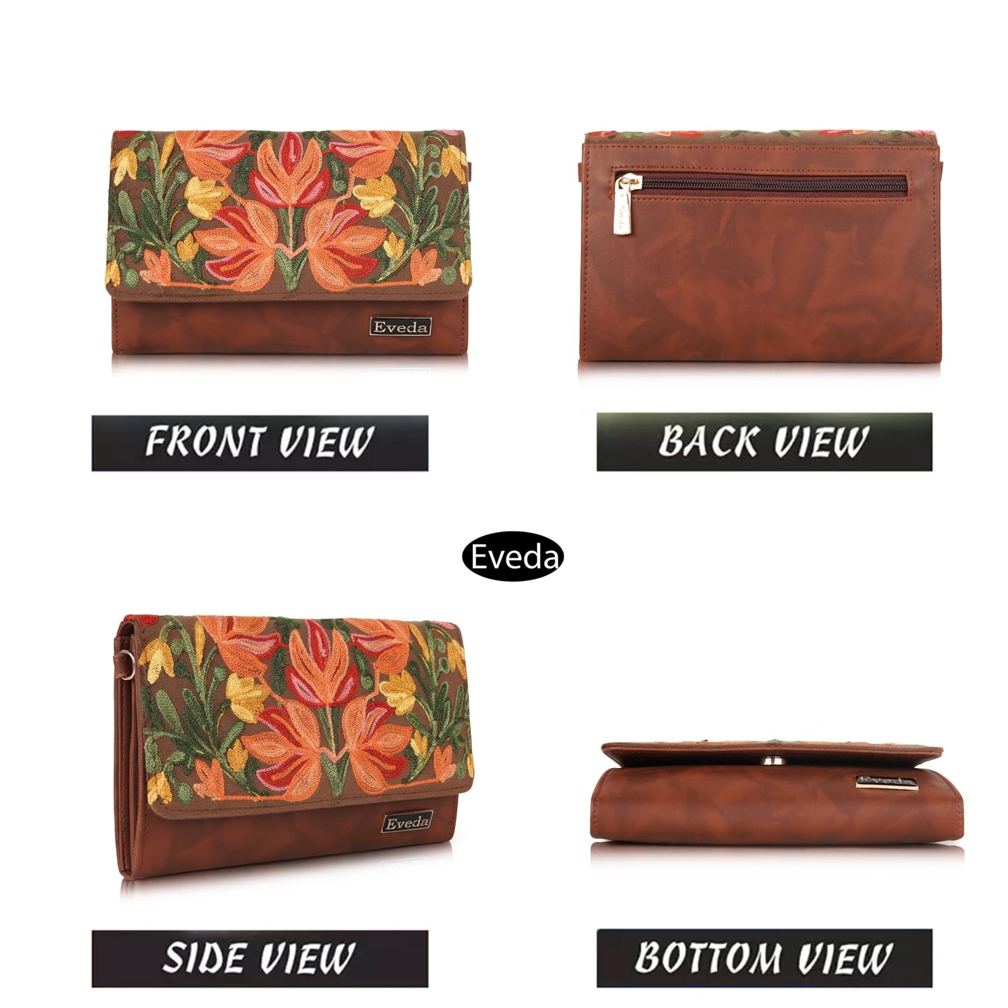 VELUCIA Womens Embroidered Floral Clutch Purse, Gold Design, Ladies Wallet (Tan)