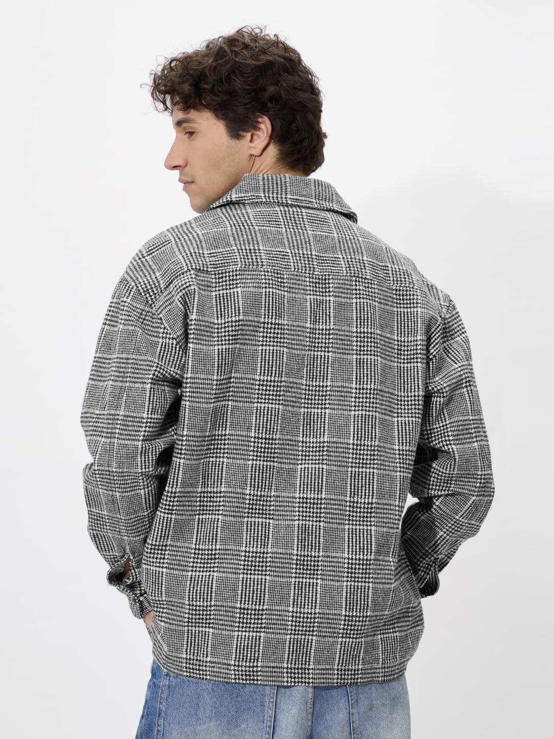 The Souled Store Houndstooth Pattern Men and Boys Long Sleeves Collared Neck Button Front Grey Cotton Oversized Shackets