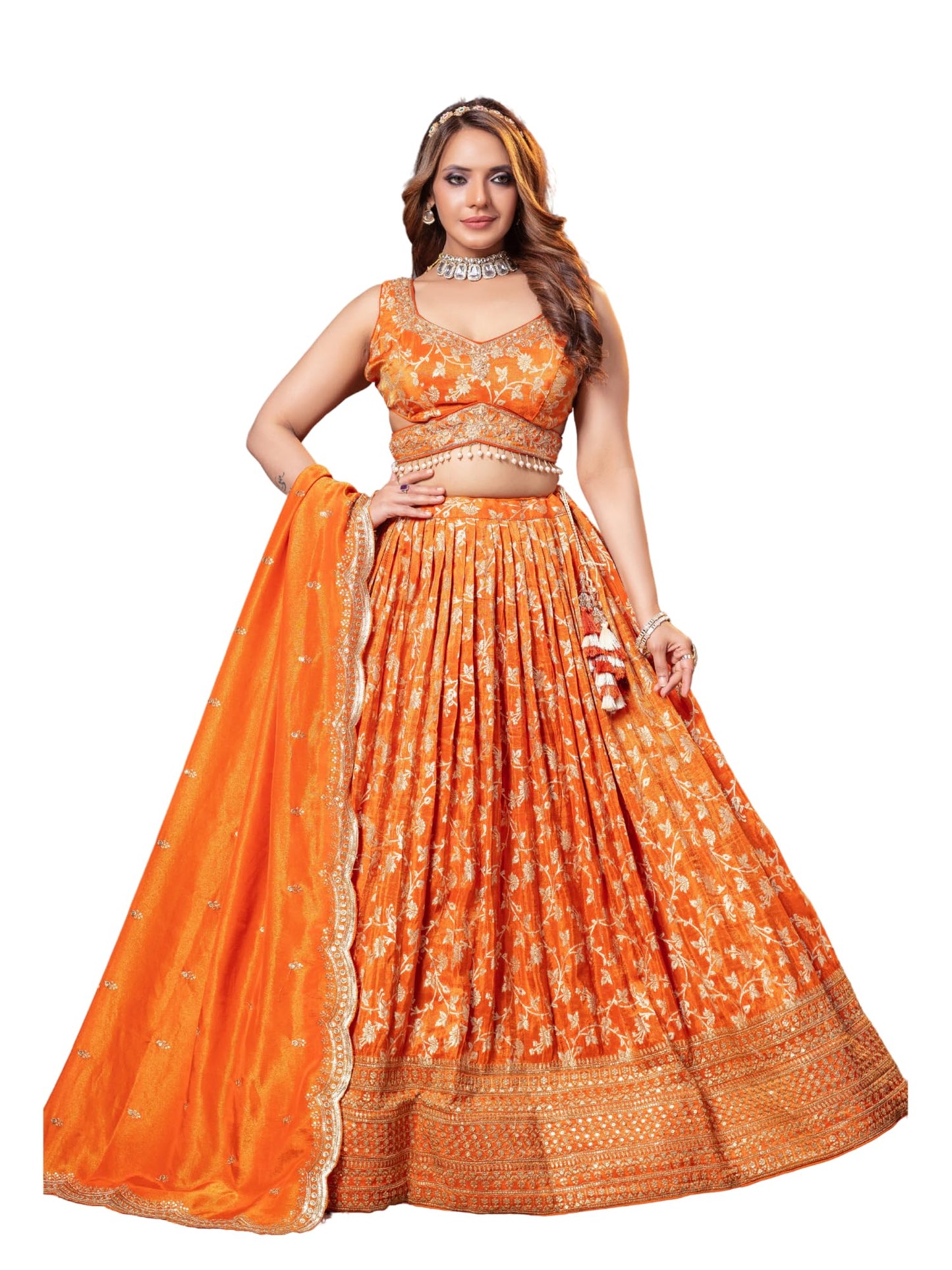ADHIA Women's Embroidered Lehenga Choli with Dupatta | Silk Blend Wedding Lehenga Set | Traditional Indian Dress (Lehenga, Dupatta, Blouse, Orange, Size - L)